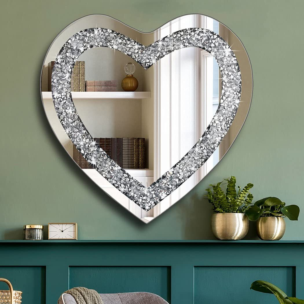 Dmdfirst Crystal Crush Diamond Heart Shaped Silver Mirror For Wall Decoration 20X20X1 Inch Wall Hang Frameless Mirror Acrylic Diamond D  Cor.