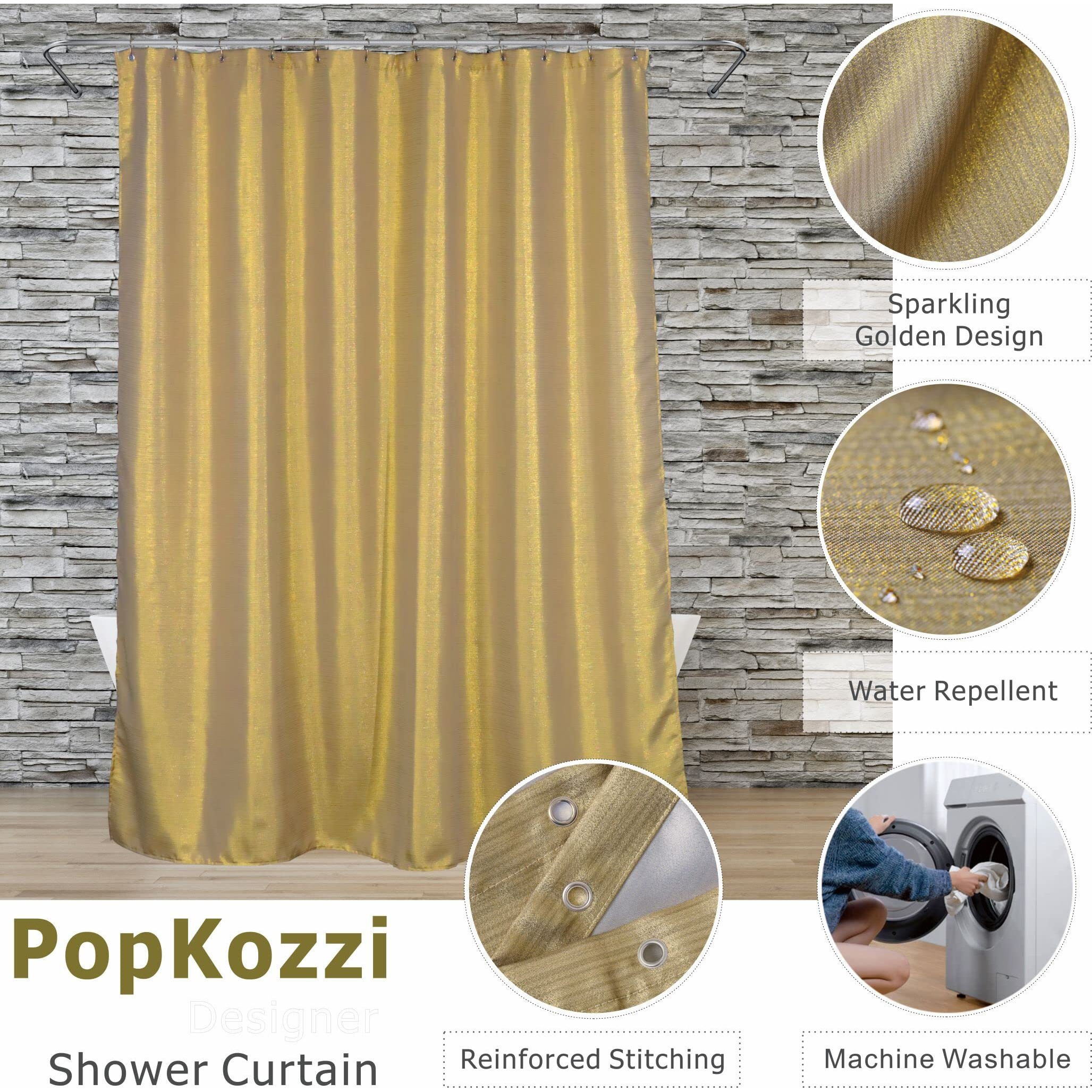 Popkozzi Gold Shower Curtains For Bathroom Glitter Sparkle Bling Fabric Decorative Shower Curtain - Waterproof Washable Luxury Elegant Fancy Glam Metallic Shimmer Bath Curtain - 72X72