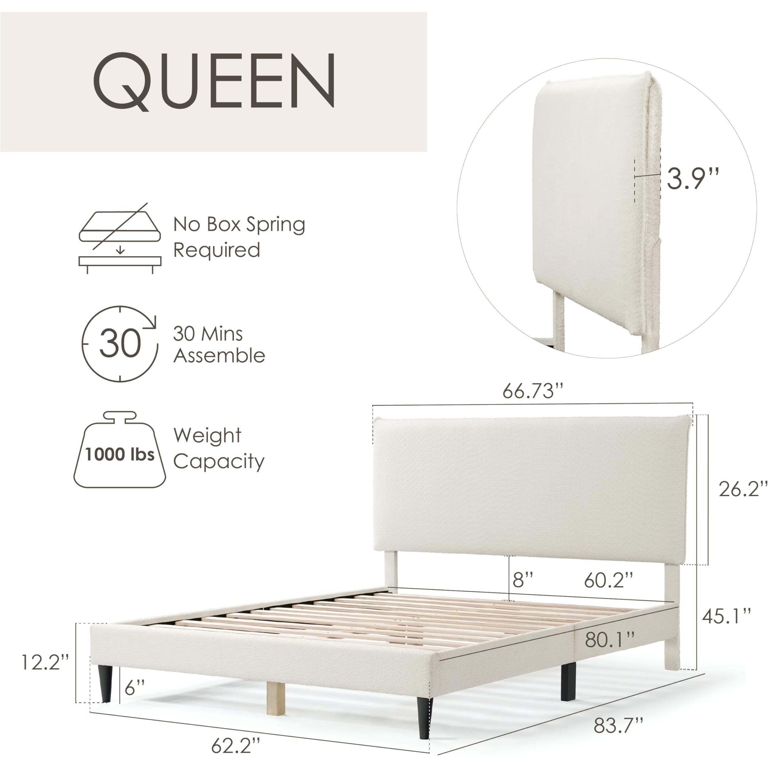 Furniture Of America Vivienne Modern Boucle Queen Platform Bed Frame With Adjustable Pillow Headboard And Solid Wood Tapered Legs For Bedroom, Guest Room, Easy Assembly, No Box Spring Needed, White