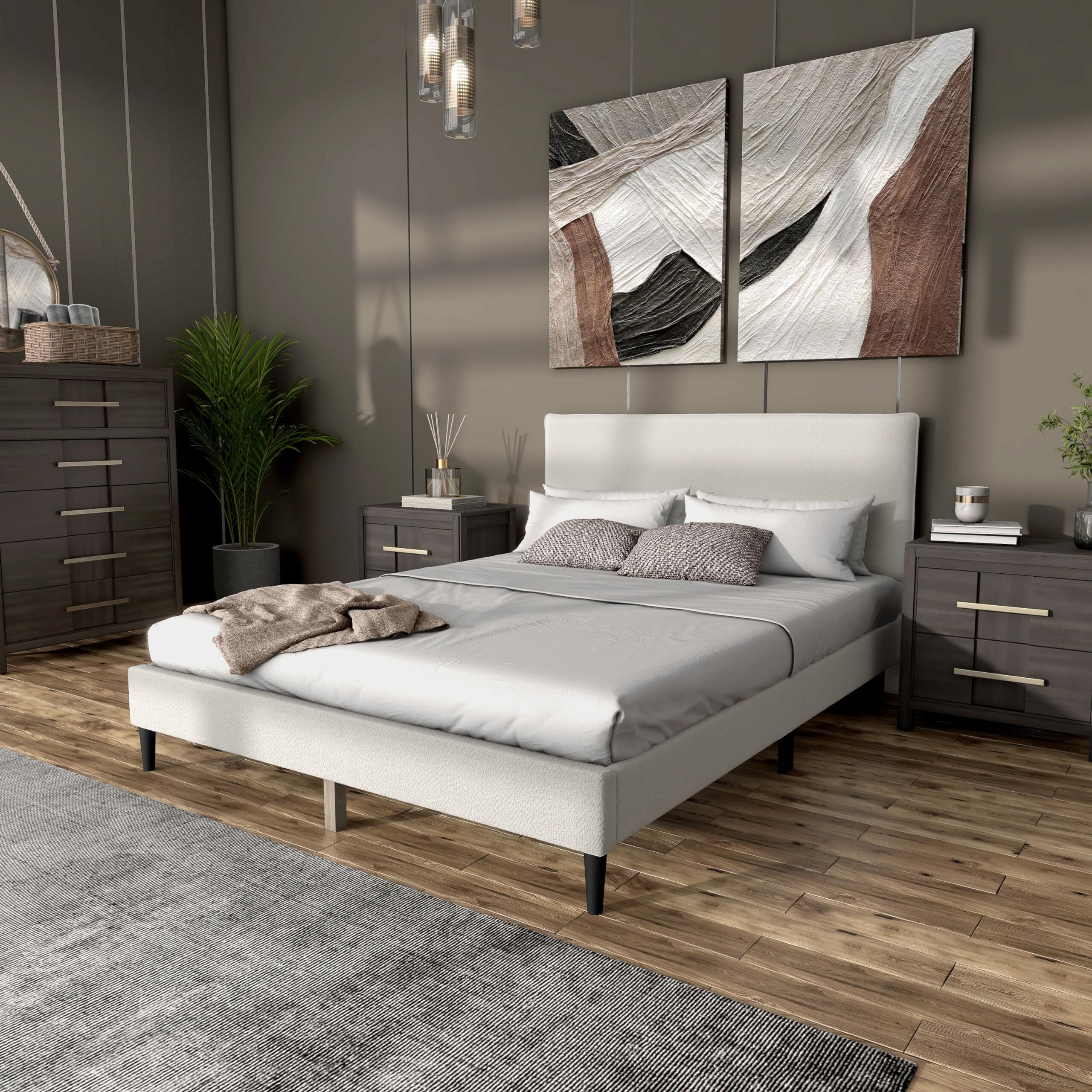Furniture Of America Vivienne Modern Boucle Queen Platform Bed Frame With Adjustable Pillow Headboard And Solid Wood Tapered Legs For Bedroom, Guest Room, Easy Assembly, No Box Spring Needed, White