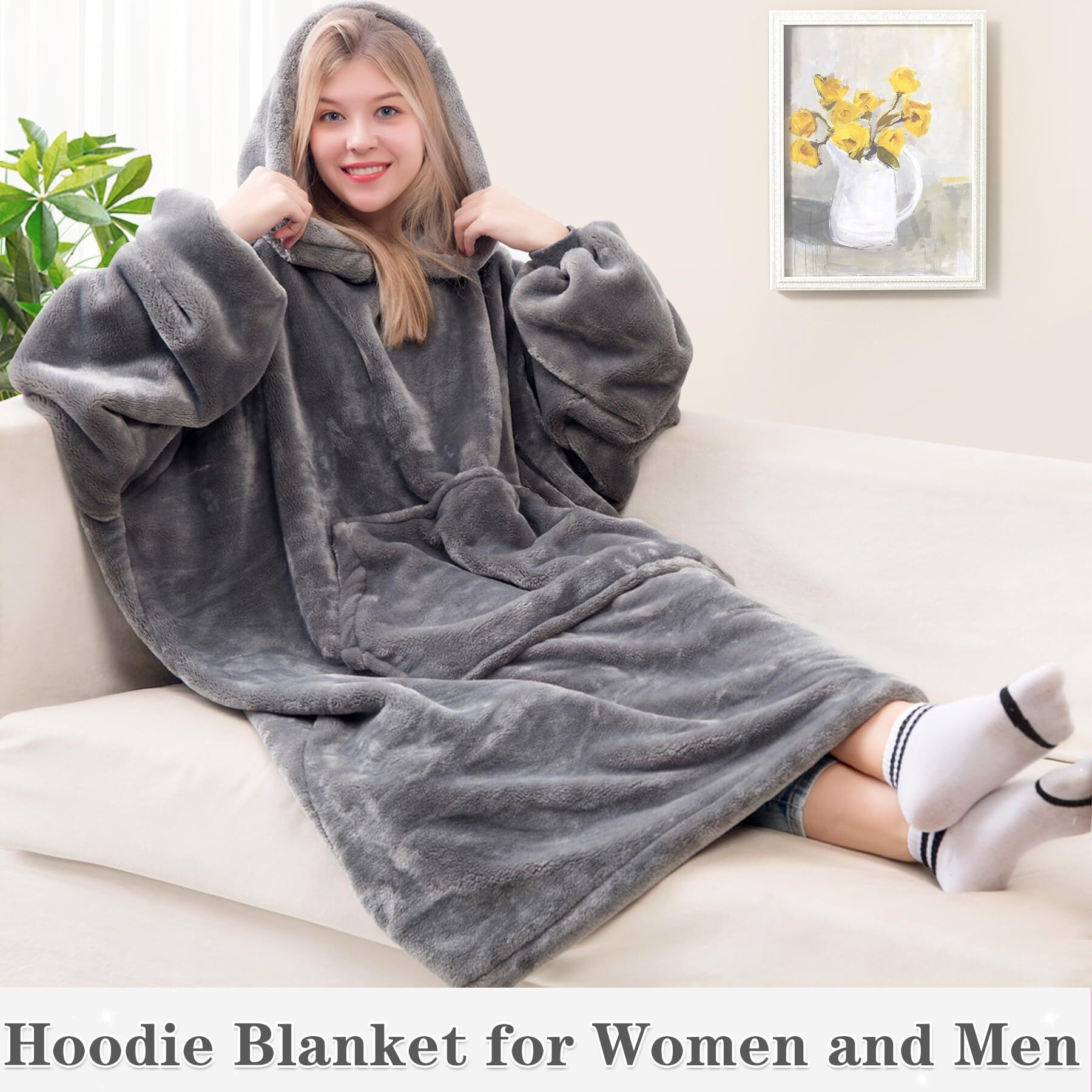 Waitu Wearable Blanket Sweatshirt For Women And Men, Super Warm And Cozy Giant Blanket Hoodie, Thick Flannel Blanket With Sleeves And Giant Pocket - Gray
