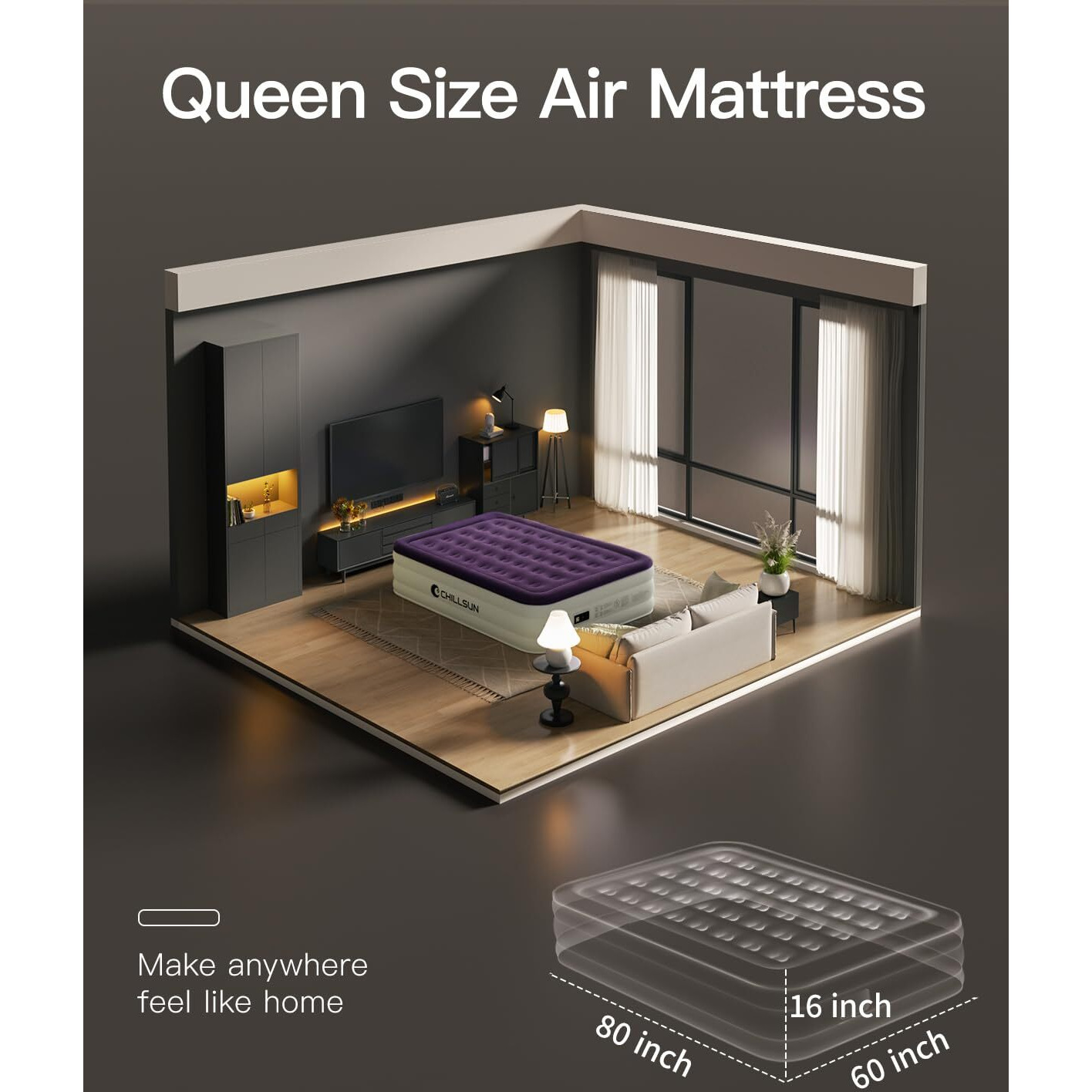 Chillsun Queen Air Mattress With Built In Pump, Inflatable Blow Up Mattress Luxury Double High Mattresses, 16 Inch Raised Double Airbed With Carry Bag For Camping, Guest & Home