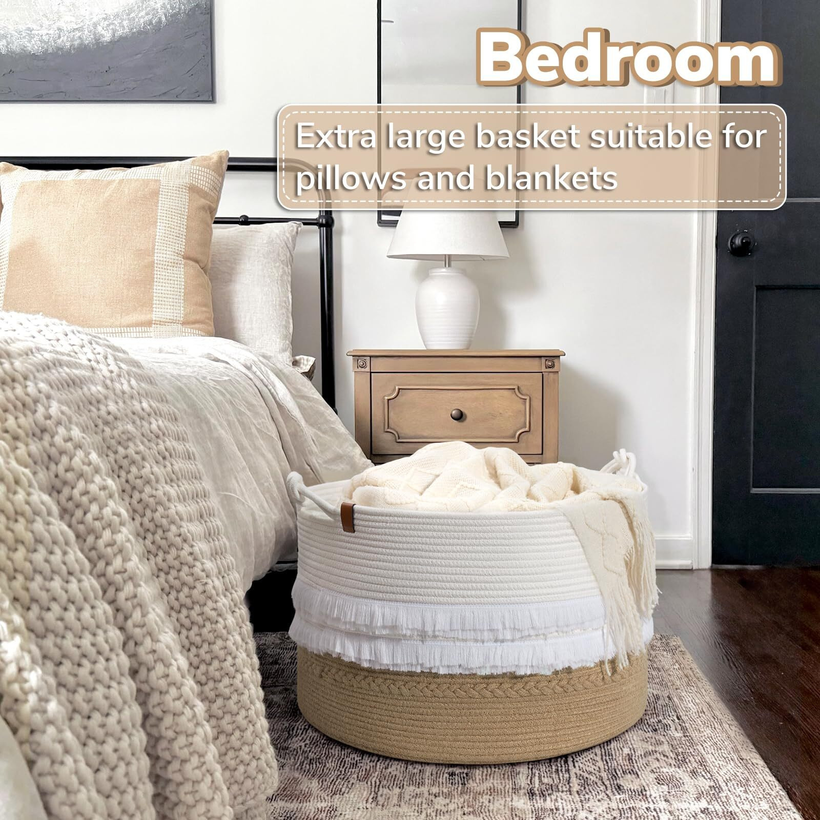 Cherrynow Large Wicker Laundry Basket For Entryway, Bedroom, Jute Decorative Basket For Clothes, Toys, Portable Towel Basket For Bathrooom, 22 X 14 Inches, 83L, White & Camel