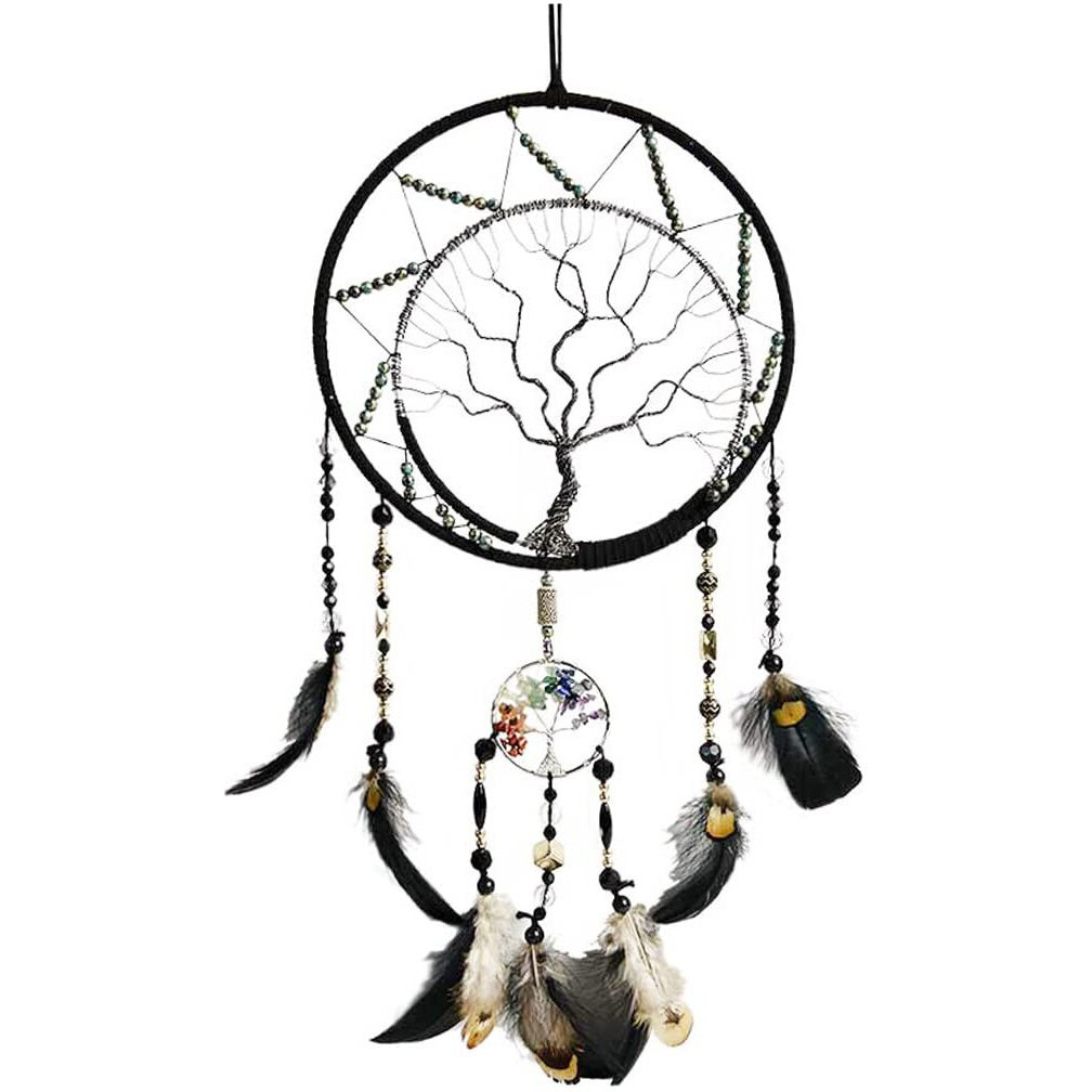 7 Chakras Tree Of Life Dream Catcher Wall Decor With Rainbow Healing Crystal Stone Handmade Black Feather Dreamcatchers Wall Hanging Ornaments For Bedroom Home Decor Blessing Gift Wedding Party