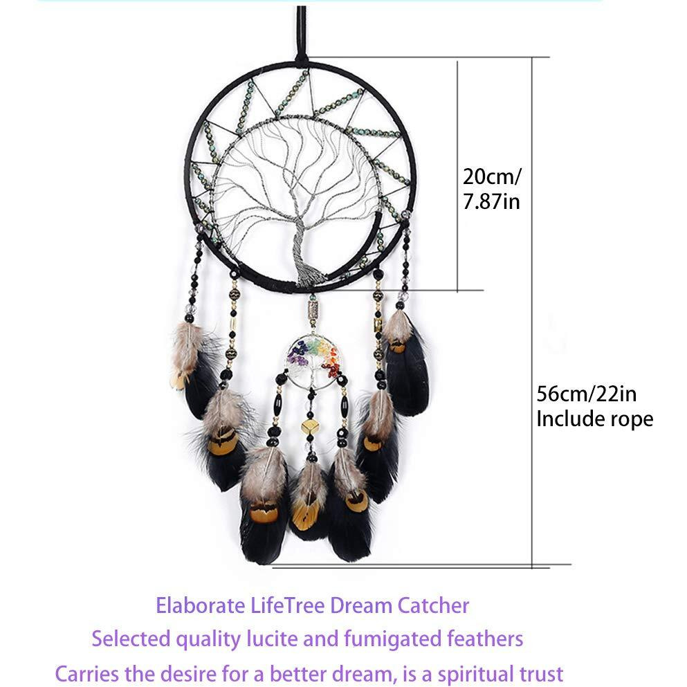 7 Chakras Tree Of Life Dream Catcher Wall Decor With Rainbow Healing Crystal Stone Handmade Black Feather Dreamcatchers Wall Hanging Ornaments For Bedroom Home Decor Blessing Gift Wedding Party