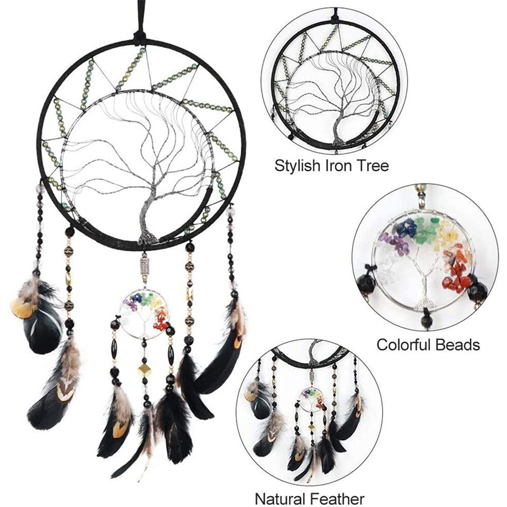 7 Chakras Tree Of Life Dream Catcher Wall Decor With Rainbow Healing Crystal Stone Handmade Black Feather Dreamcatchers Wall Hanging Ornaments For Bedroom Home Decor Blessing Gift Wedding Party