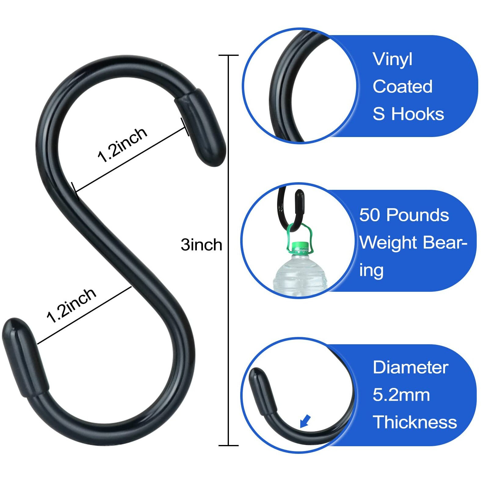 Dingee 30 Pack Vinyl Coated S Hooks For Hanging, 3 Inch Heavy Duty S Hooks For Hanging Plants,Clothes,Non Slip Steel Metal Black Rubber Coated Closet S Hooks For Hanging Jeans Jewelry Pot Pan
