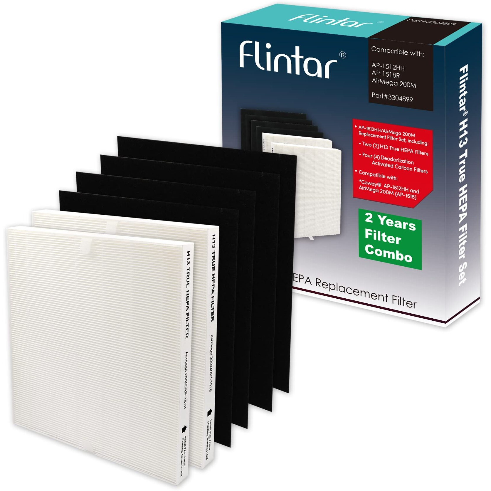 Flintar H13 True Hepa Replacement Filters, Compatible With Coway Air Purifier Ap-1512Hh And Airmega 200M, 2 H13 Grade True Hepa And 4 Activated Carbon Filters, 2-Year Filter Pack