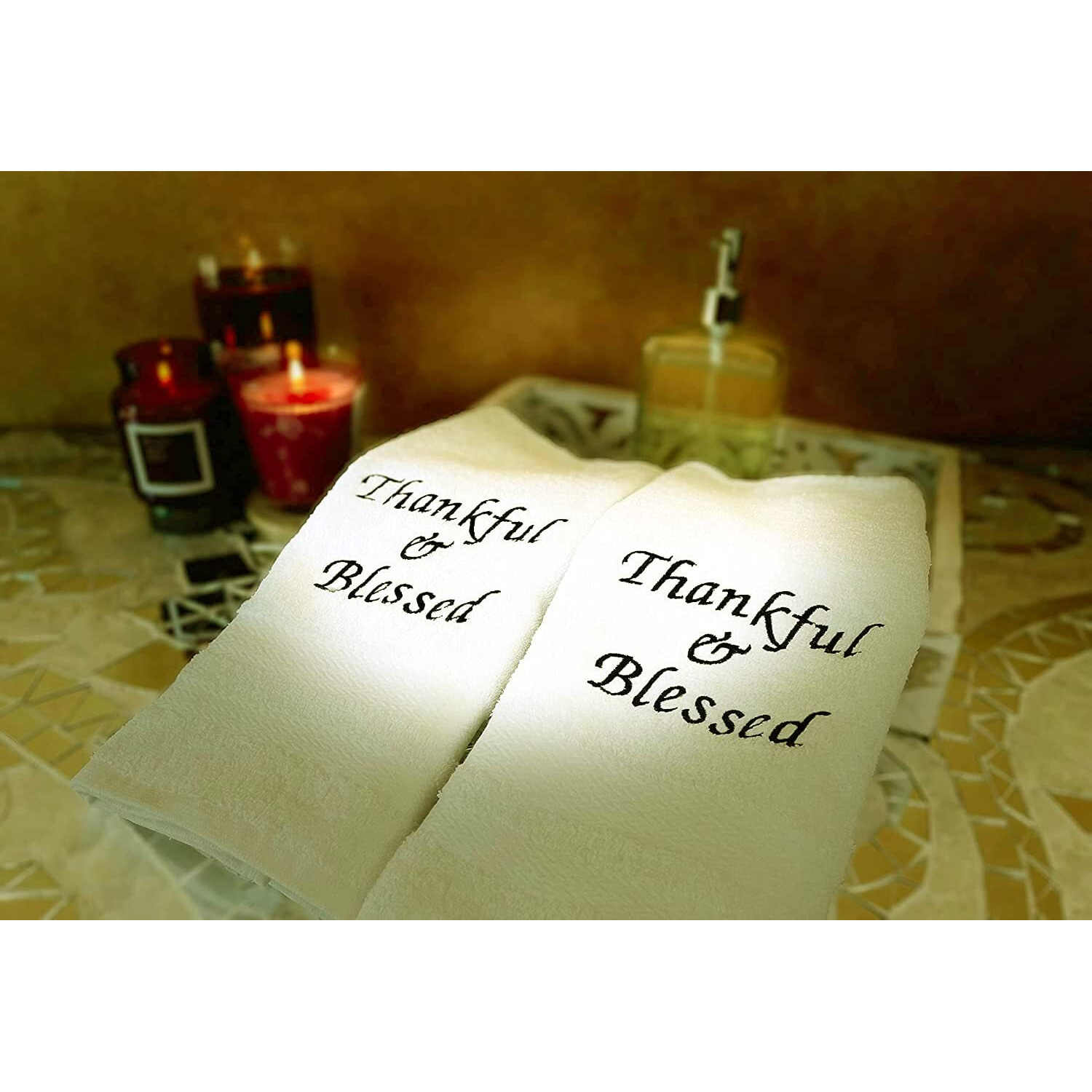 Liberty21 Embroidered Hand Towels With Inspirational Message Thankful & Blessed (2 Hand Towels) For Bathroom, Kitchen Or Spa. (Cream)