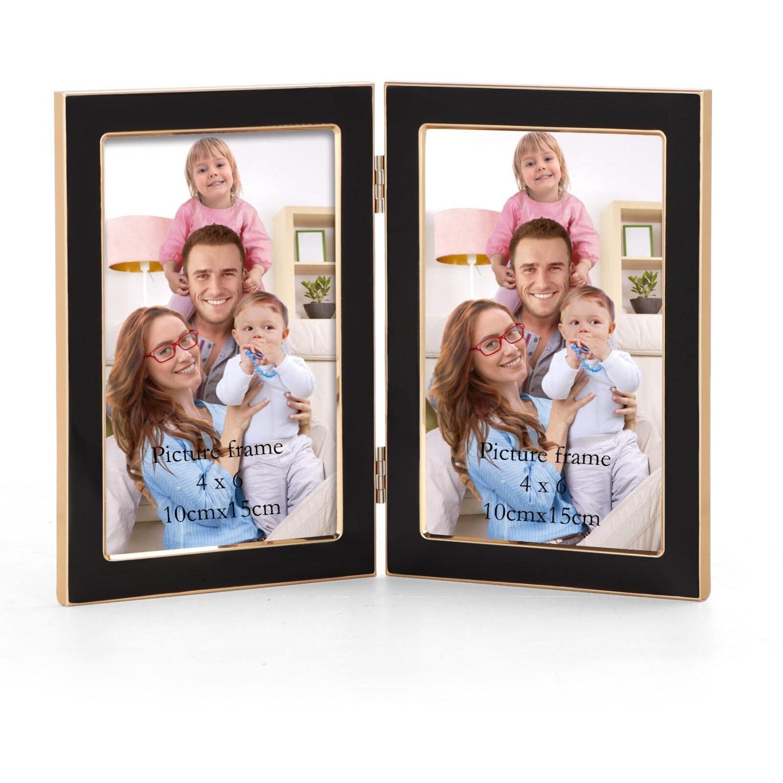 Giftgarden 4X6 Double Picture Frame Black With Tempered Glass Display 4 By 6 Photo, Metal Hinged Folding Frame For Tabletop Or Wall
