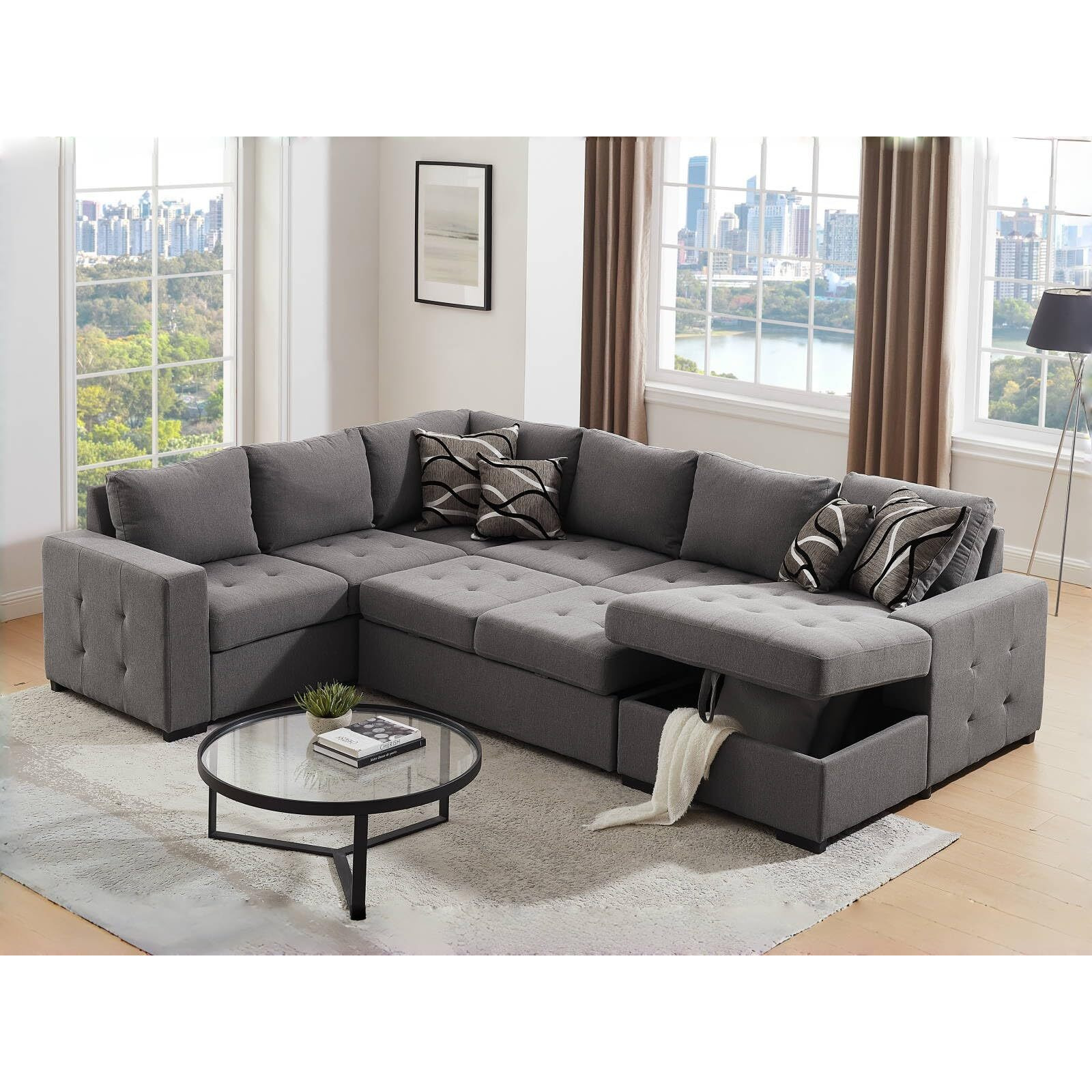 Thsuper Sectional Sleeper Sofa Bed With Storage Chaise, U Shape Oversized Sectional Couch With Pull Out Bed For Living Room Gray, 6 Seater Gray