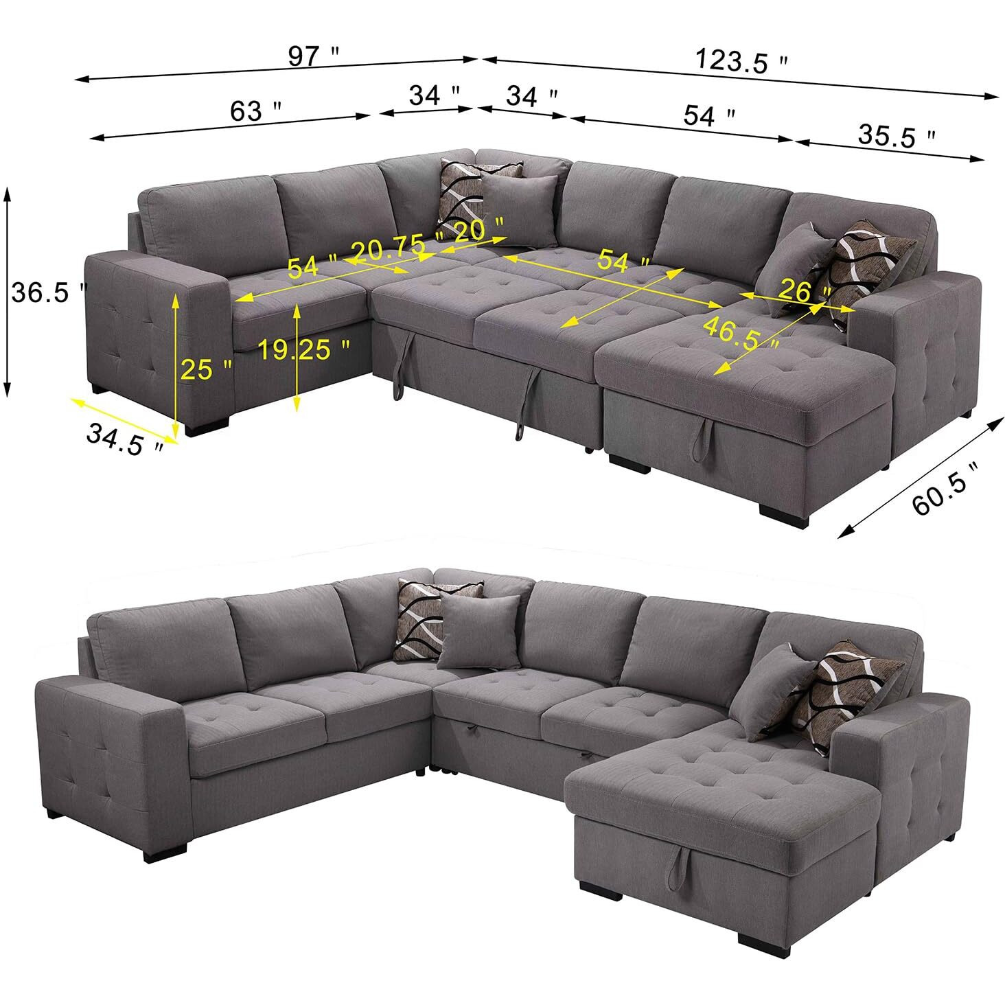 Thsuper Sectional Sleeper Sofa Bed With Storage Chaise, U Shape Oversized Sectional Couch With Pull Out Bed For Living Room Gray, 6 Seater Gray