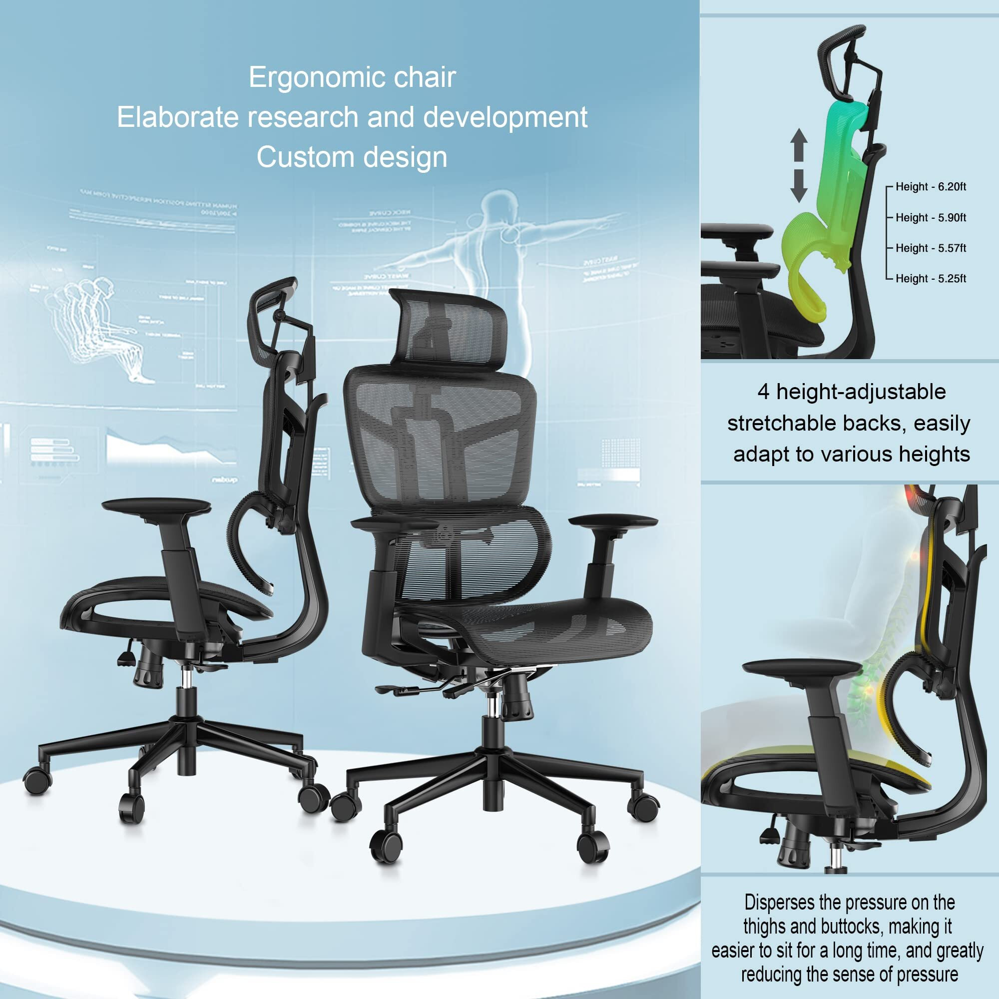 Office Computer Desk Chair, Ergonomic Desk Chair Mesh Computer Chair With Wheels, Adjustable 4D Smart Lumbar Support, Armrests, Seat Depth And Headrest For Home, Bedroom, Study, Dorm, Student, Adults