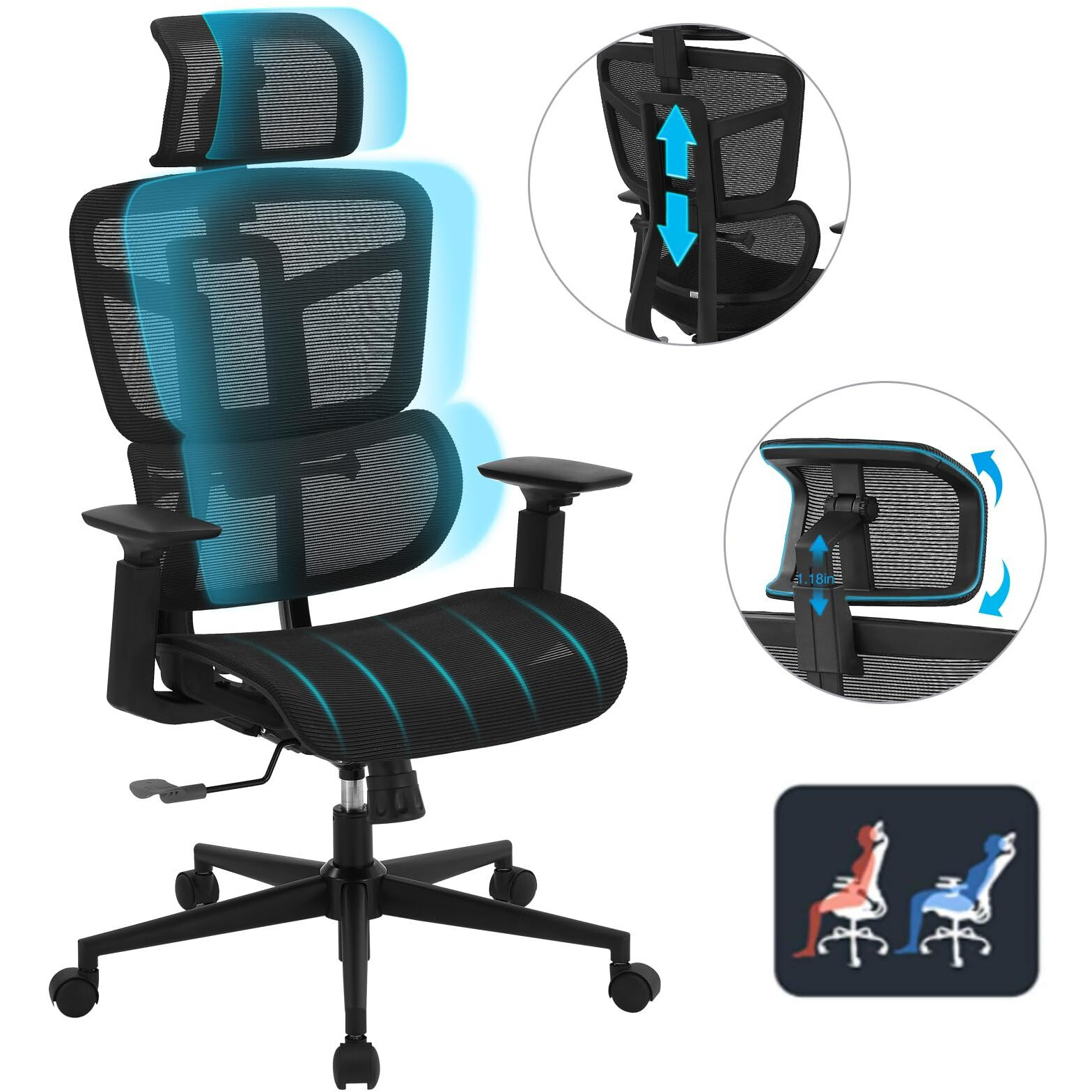 Office Computer Desk Chair, Ergonomic Desk Chair Mesh Computer Chair With Wheels, Adjustable 4D Smart Lumbar Support, Armrests, Seat Depth And Headrest For Home, Bedroom, Study, Dorm, Student, Adults