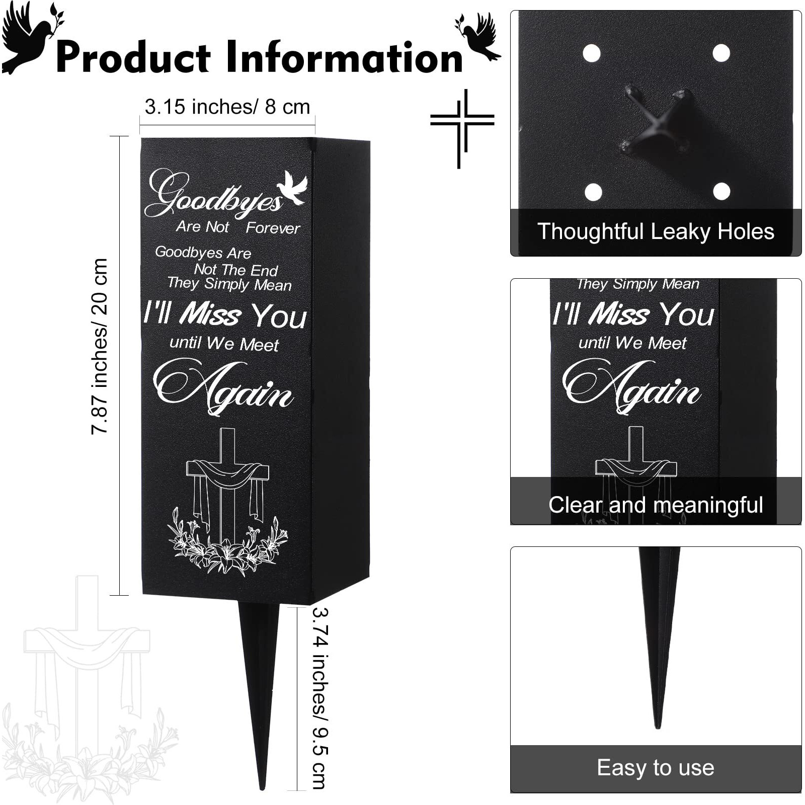Geosar Cemetery Vases With Spikes Grave Vases For Cemetery Metal Funeral Flower Holder In Loving Memory Sign Memorial Gifts For Loss Of Loved One Grave Marker Decoration (I'Ll Miss You)