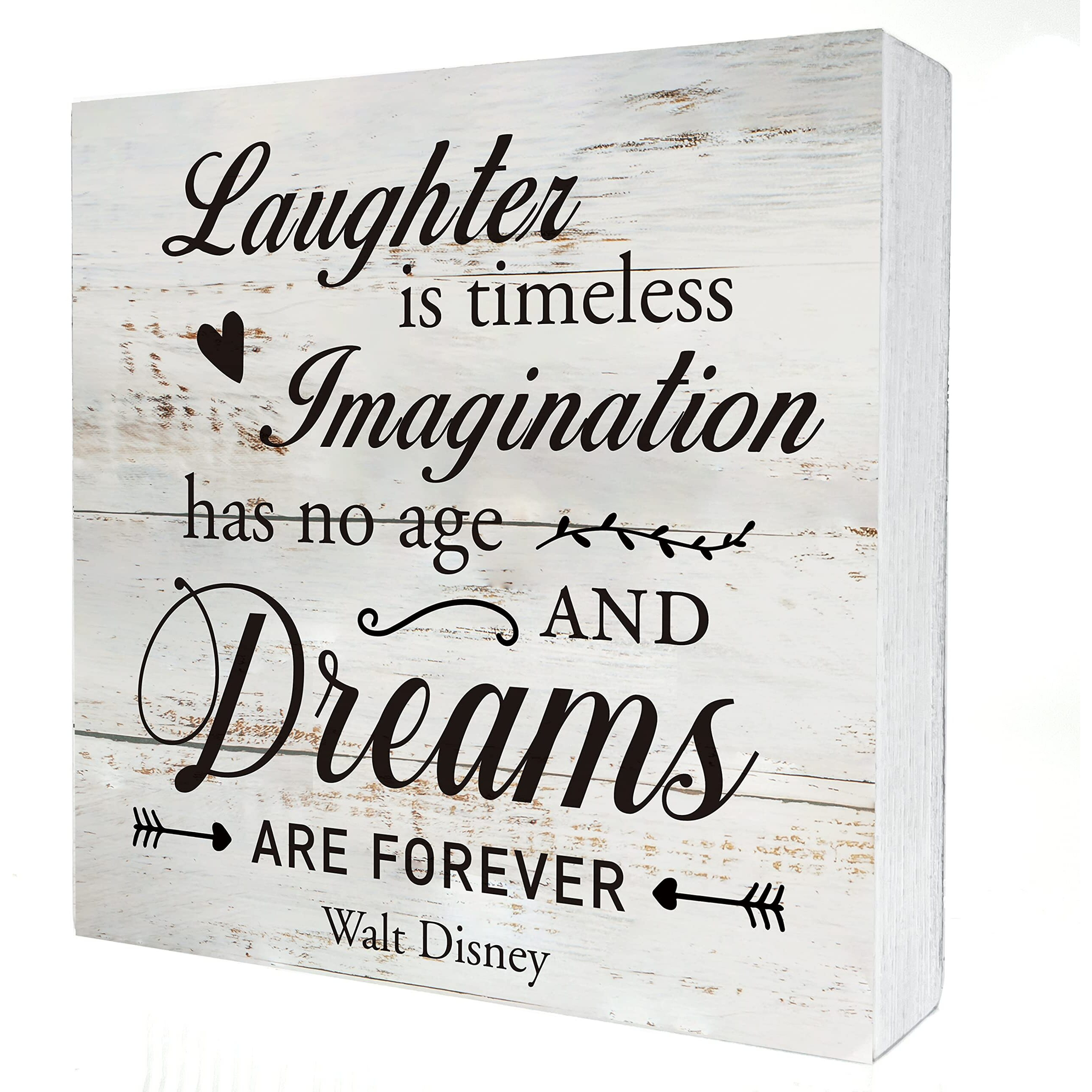 Inspirational Quote Laughter Imagination Dreams Wooden Box Sign Desk Decor Rustic Wood Block Plaque Box Sign For Home Living Room Office Shelf Table Decoration (5 X 5 Inch)