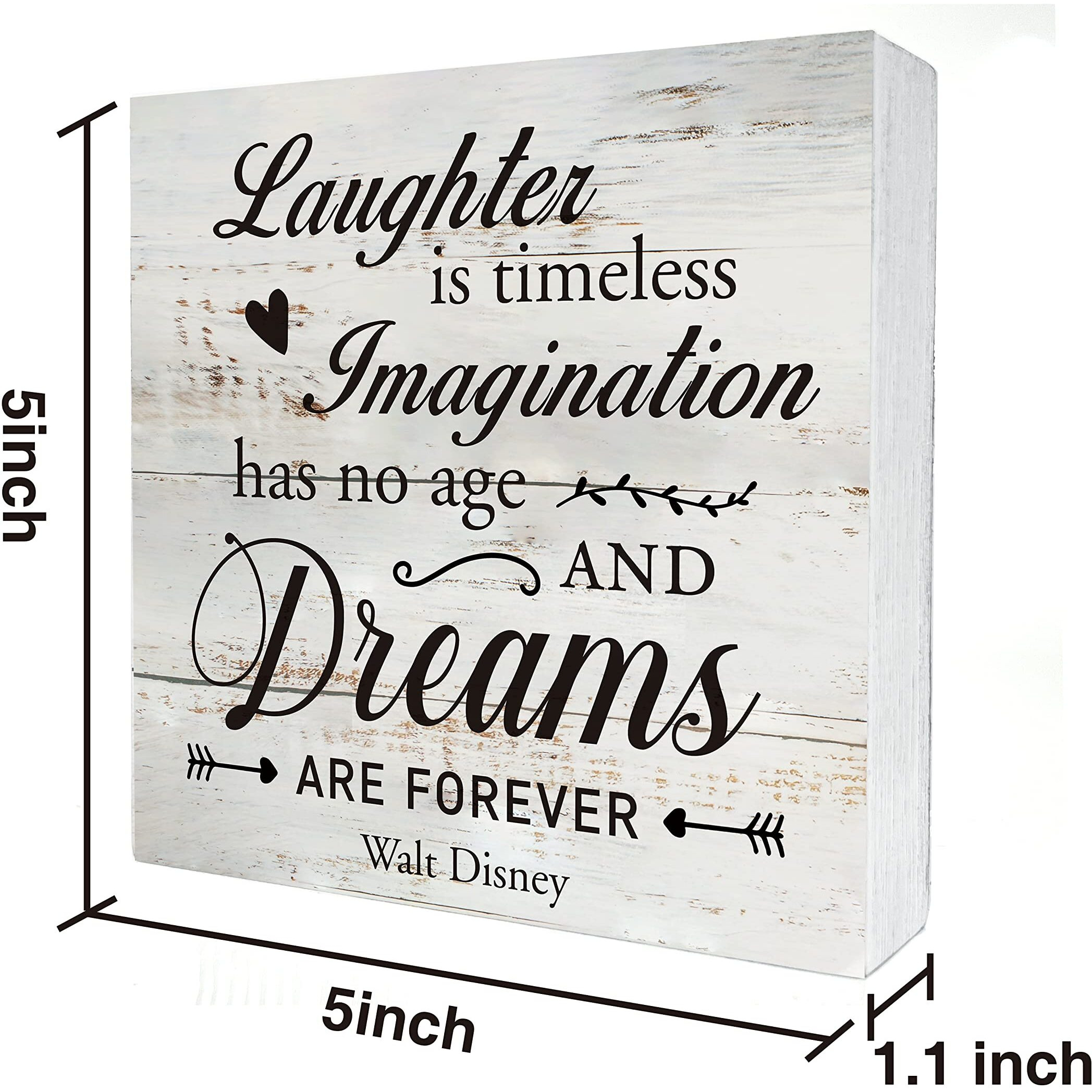 Inspirational Quote Laughter Imagination Dreams Wooden Box Sign Desk Decor Rustic Wood Block Plaque Box Sign For Home Living Room Office Shelf Table Decoration (5 X 5 Inch)