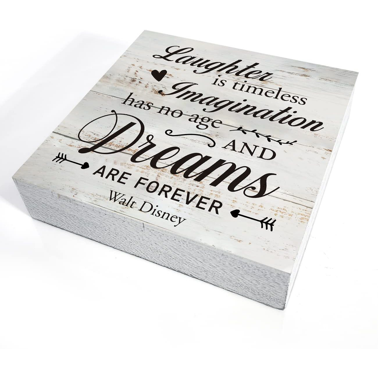 Inspirational Quote Laughter Imagination Dreams Wooden Box Sign Desk Decor Rustic Wood Block Plaque Box Sign For Home Living Room Office Shelf Table Decoration (5 X 5 Inch)