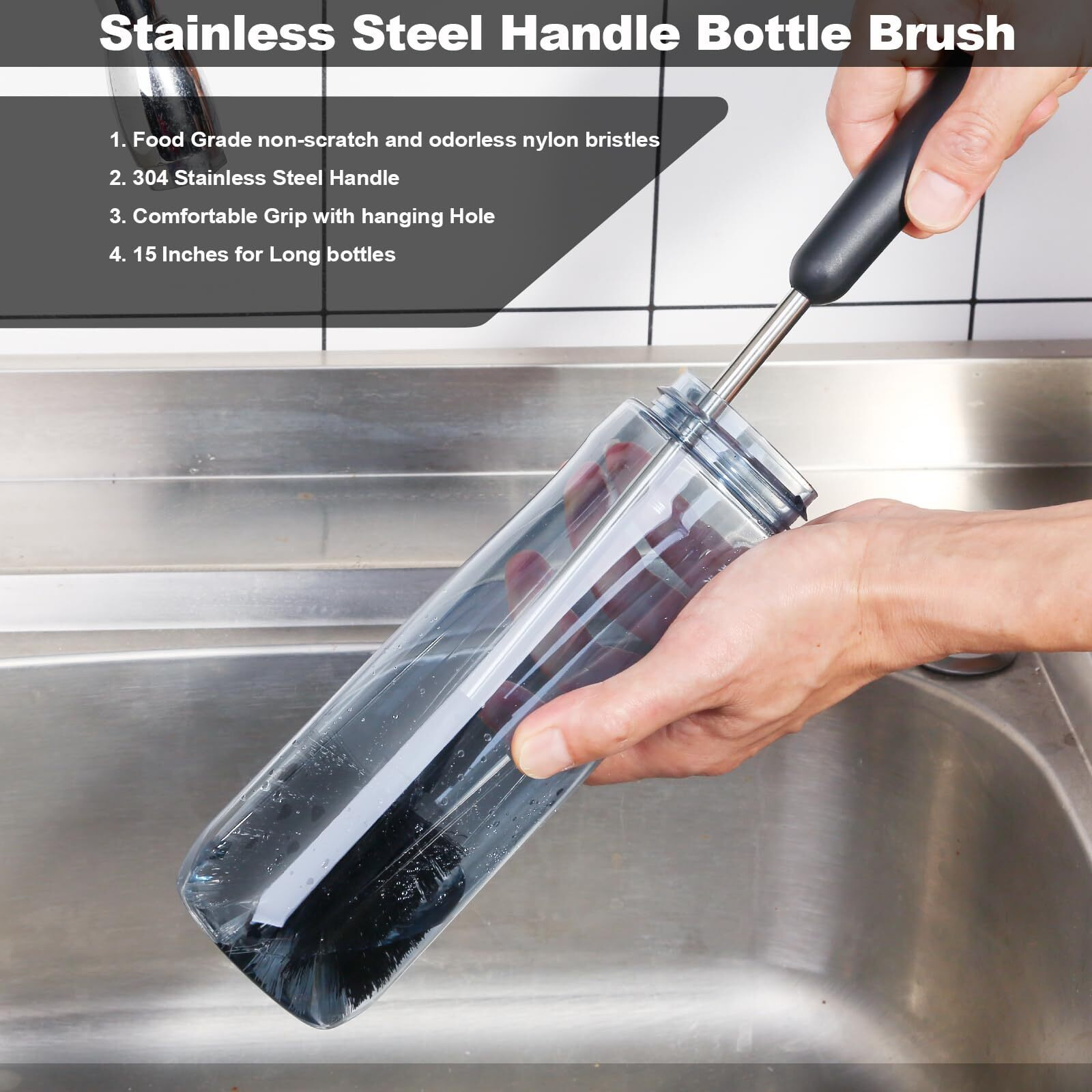 Water Bottle Brush, 15 Inches Long Stainless Steel Handle Bottle Brush Cleaner, Bottle Scrubber, Kitchen Scrub Cleaning Brushes For Cup, Wine Glasses, Coffee Mugs, Tumblers, Wine Decanters, Black