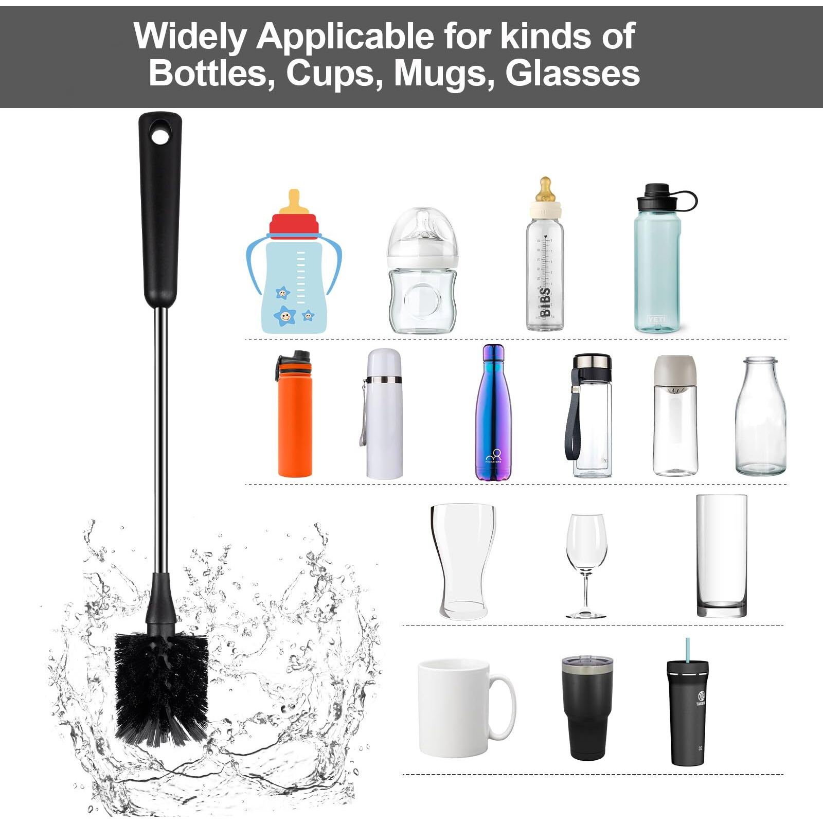 Water Bottle Brush, 15 Inches Long Stainless Steel Handle Bottle Brush Cleaner, Bottle Scrubber, Kitchen Scrub Cleaning Brushes For Cup, Wine Glasses, Coffee Mugs, Tumblers, Wine Decanters, Black