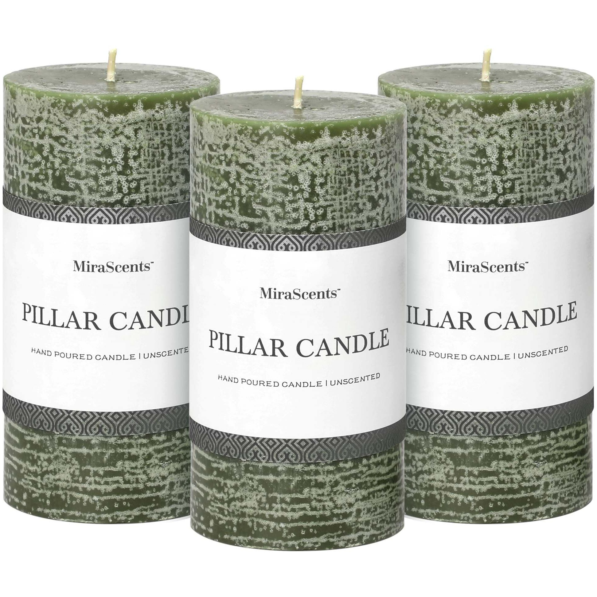 3X6 Inch Moss Green Pillar Candles Set Of 3 - Unscented Spring Candles, Long Clean Burning, Large Big Candles, Smokeless Dripless Candles For Spring Home Decor, Dinner Table, Bathroom, Rustic Decor