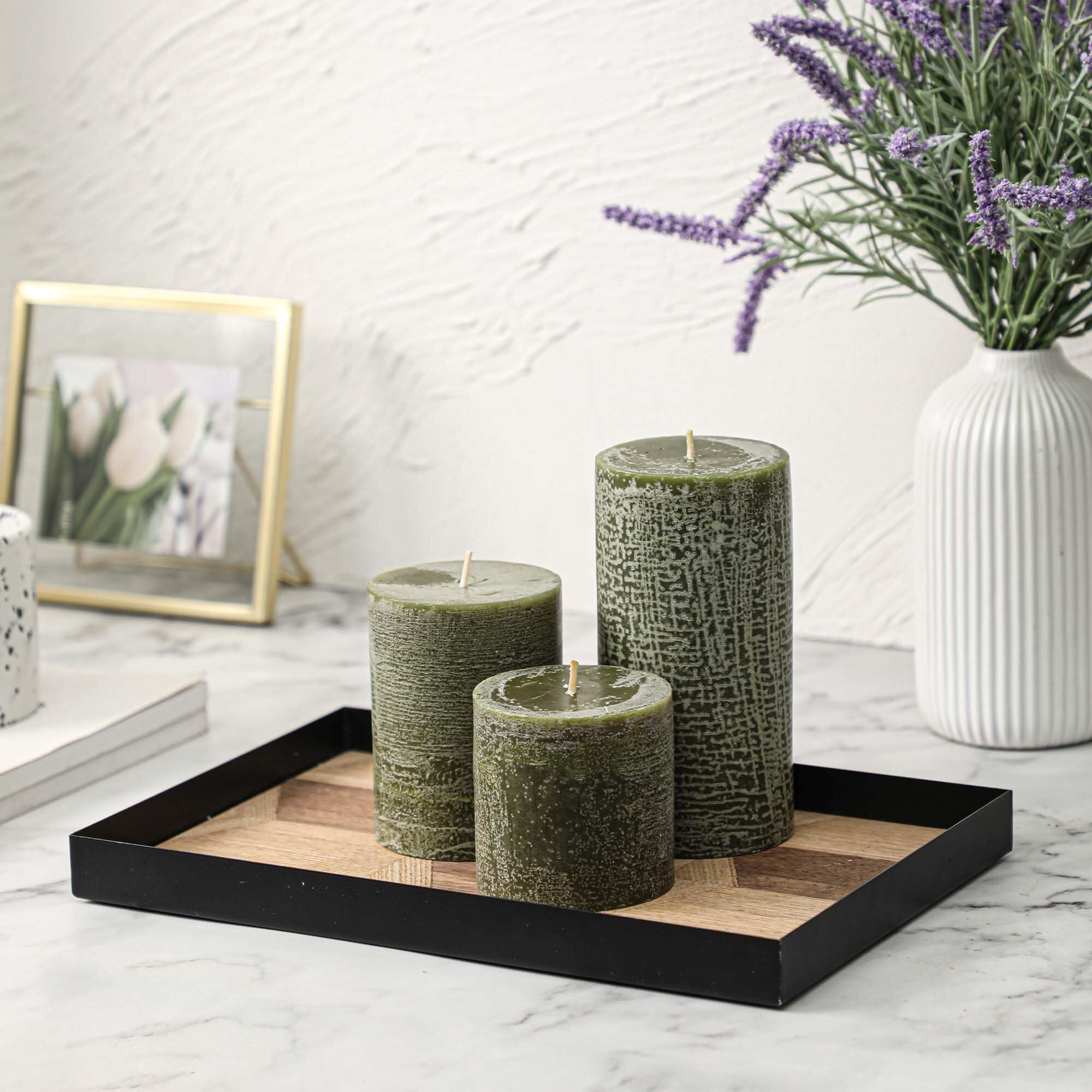 3X6 Inch Moss Green Pillar Candles Set Of 3 - Unscented Spring Candles, Long Clean Burning, Large Big Candles, Smokeless Dripless Candles For Spring Home Decor, Dinner Table, Bathroom, Rustic Decor