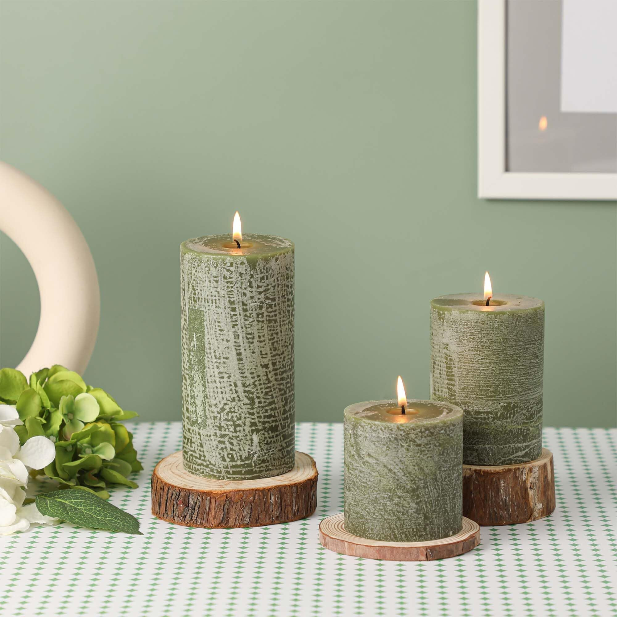 3X6 Inch Moss Green Pillar Candles Set Of 3 - Unscented Spring Candles, Long Clean Burning, Large Big Candles, Smokeless Dripless Candles For Spring Home Decor, Dinner Table, Bathroom, Rustic Decor