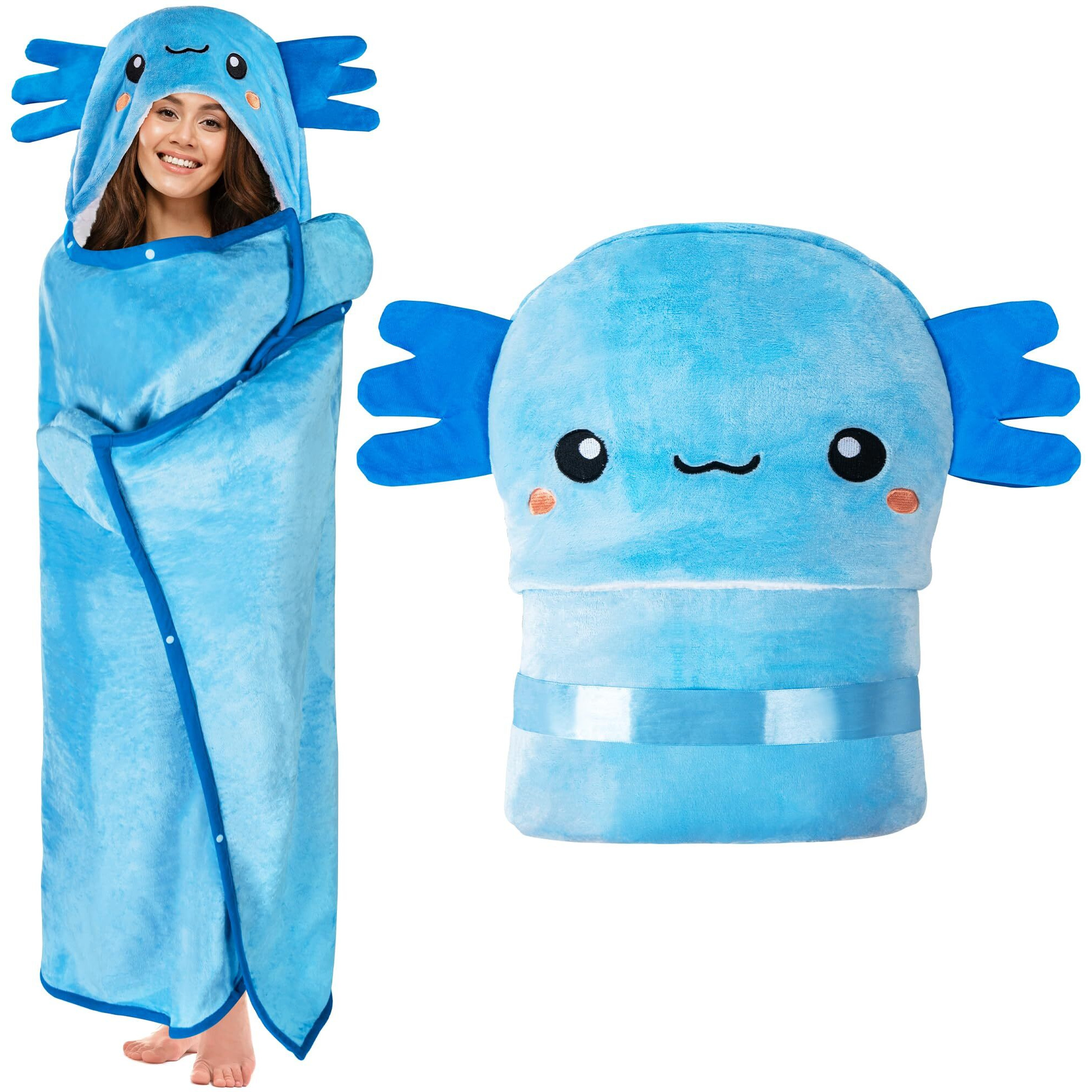 Axolotl Wearable Hooded Blanket For Adults - Super Soft Warm Cozy Plush Flannel Fleece & Sherpa Hoodie Throw Cloak Wrap - Axolotl Gifts For Women Adults And Kids