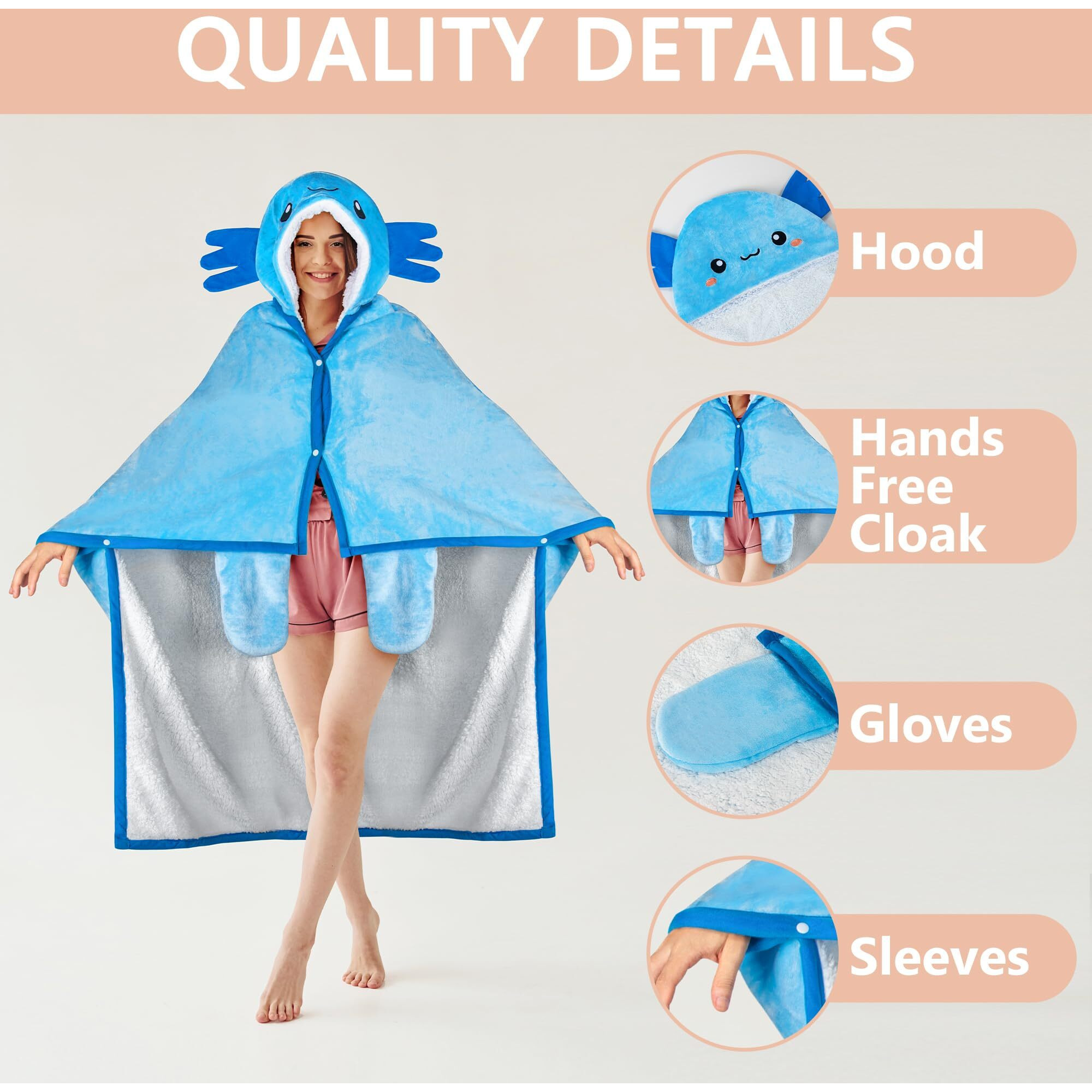 Axolotl Wearable Hooded Blanket For Adults - Super Soft Warm Cozy Plush Flannel Fleece & Sherpa Hoodie Throw Cloak Wrap - Axolotl Gifts For Women Adults And Kids