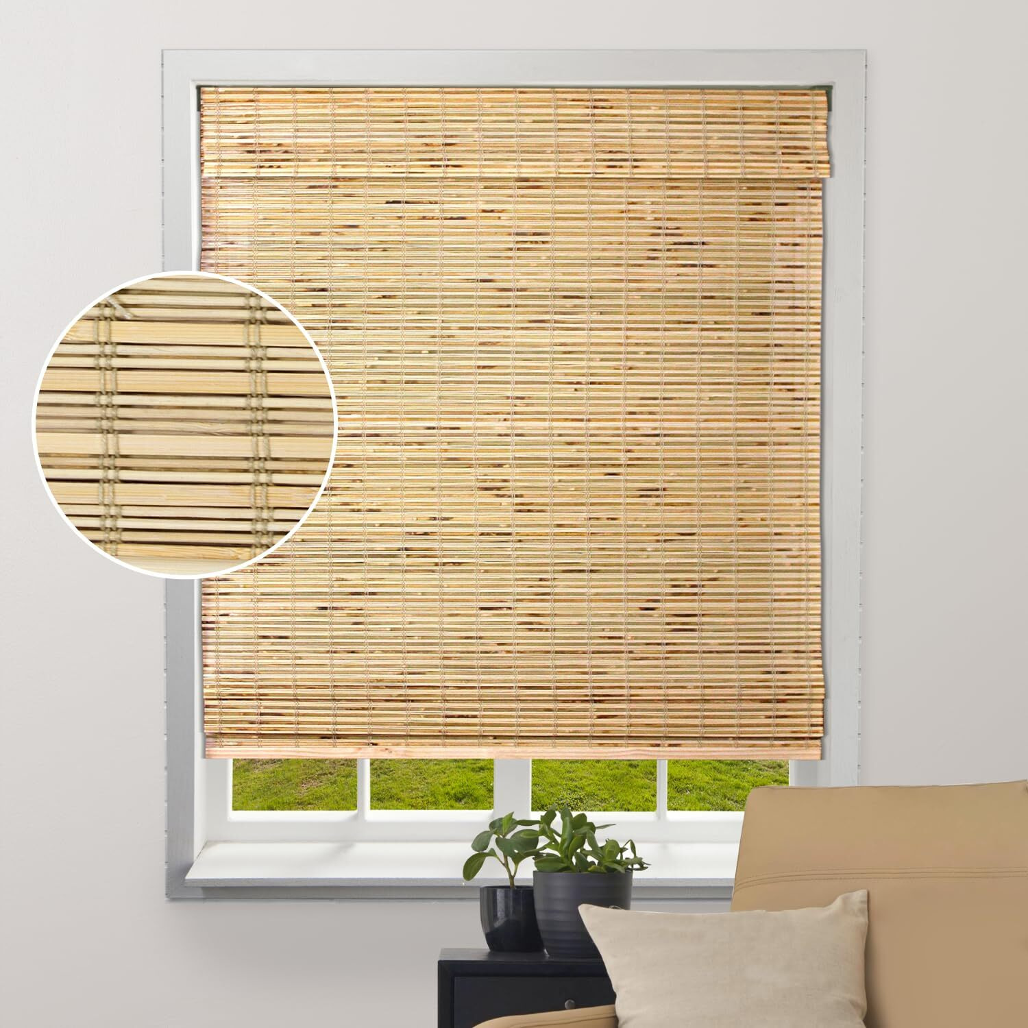 Arlo Blinds Sheer Bamboo Roman Shades With Valance - Petite Rustique, 38"" W X 60"" H - Light Filtering Cordless Blinds For Interior Windows - Real Natural Bamboo Material - Mounting Hardware Included
