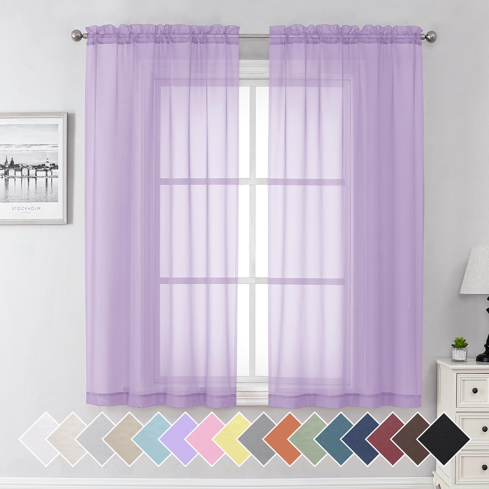 Aiyufeng Light Purple Sheer Curtain Panels Pair Sold 63 Inch Length, Light Filtering Window Curtain Drapes Treatment For Kitchen, Bedroom/Children Room, Voile Top Dual Rod Pocket, 2 Pack Of 42 X 63""