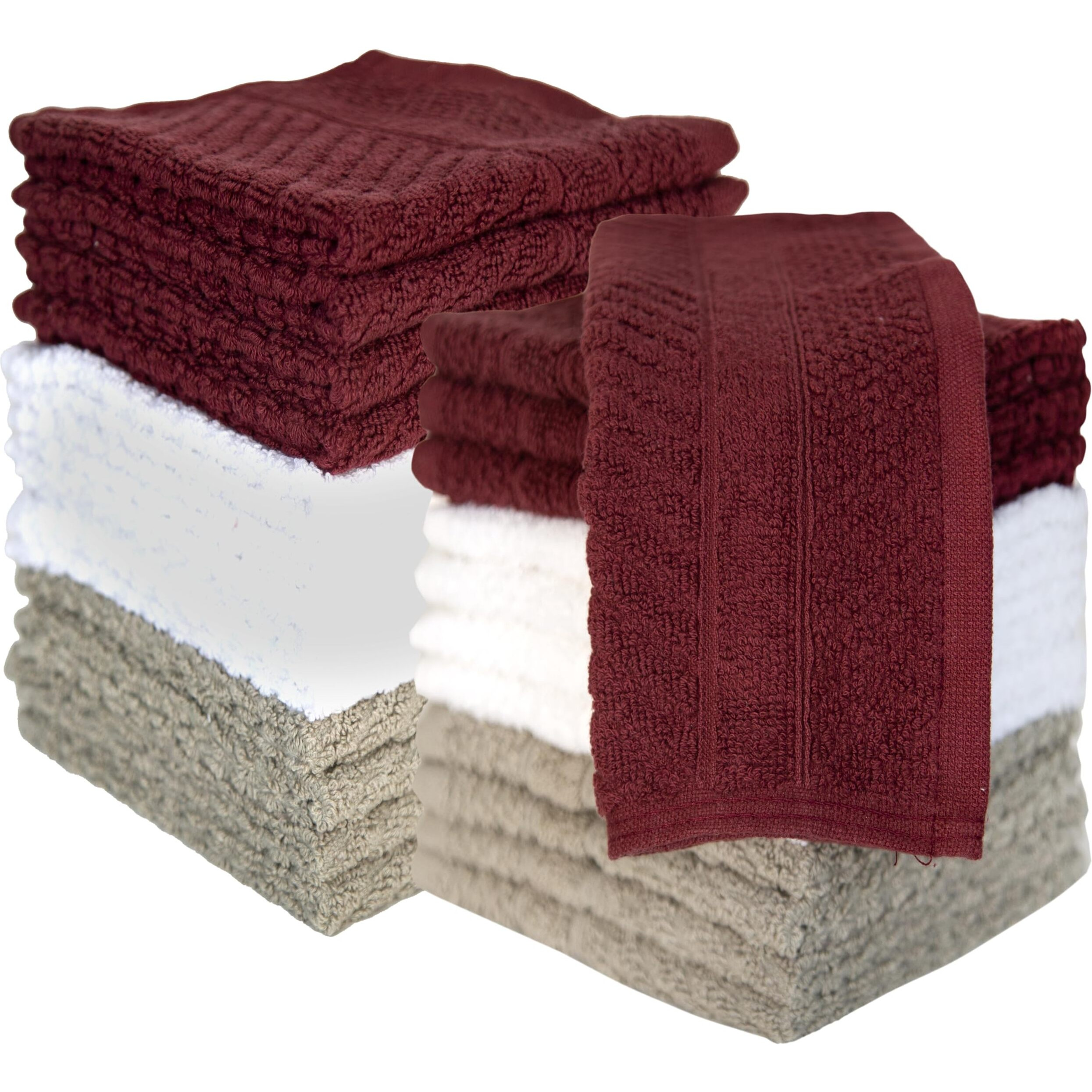 Ph Pleasant Home Diagonal Wash Cloths Set - 12 Pack (12    X 12   ) - 509 Gsm - 100% Ring Spun Cotton Wash Cloth - Super Soft And Highly Absorbent Face Towels (Maroon, White & Tan)