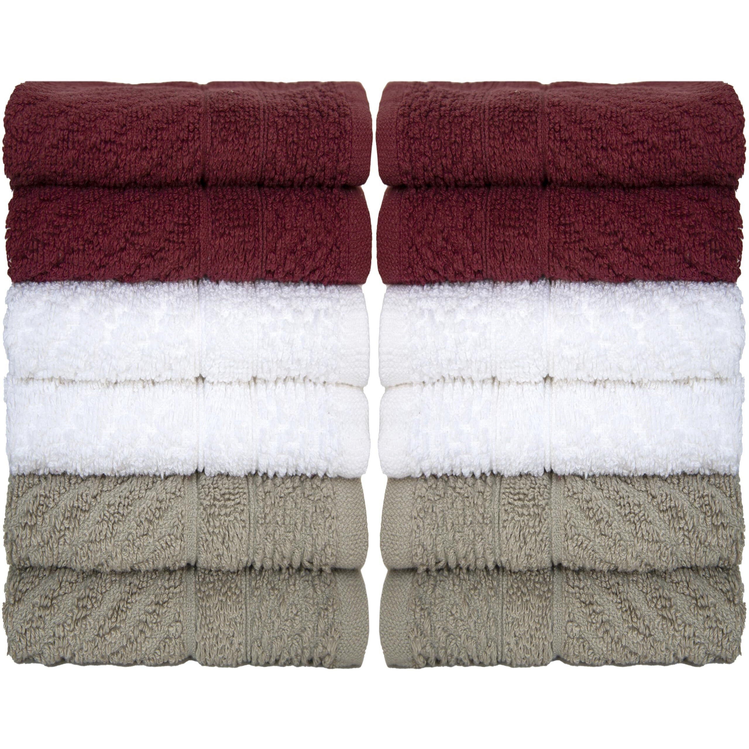 Ph Pleasant Home Diagonal Wash Cloths Set - 12 Pack (12    X 12   ) - 509 Gsm - 100% Ring Spun Cotton Wash Cloth - Super Soft And Highly Absorbent Face Towels (Maroon, White & Tan)