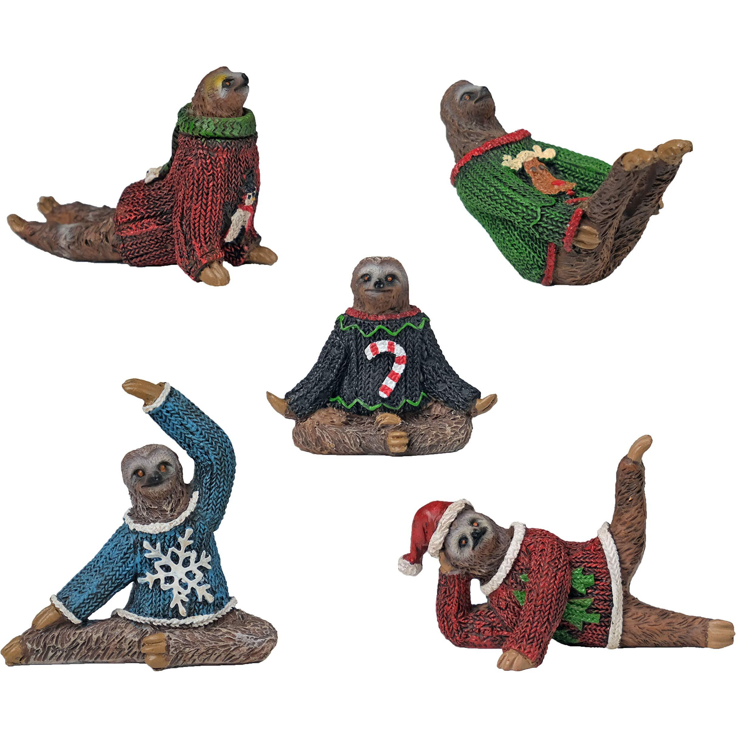 Bella Haus Design Yoga Sloth Figurines In Ugly Christmas Sweaters 3"" - Polyresin Mini Statue For X-Mas Home Decoration, Secret Santa White Elephant Gift Exchange