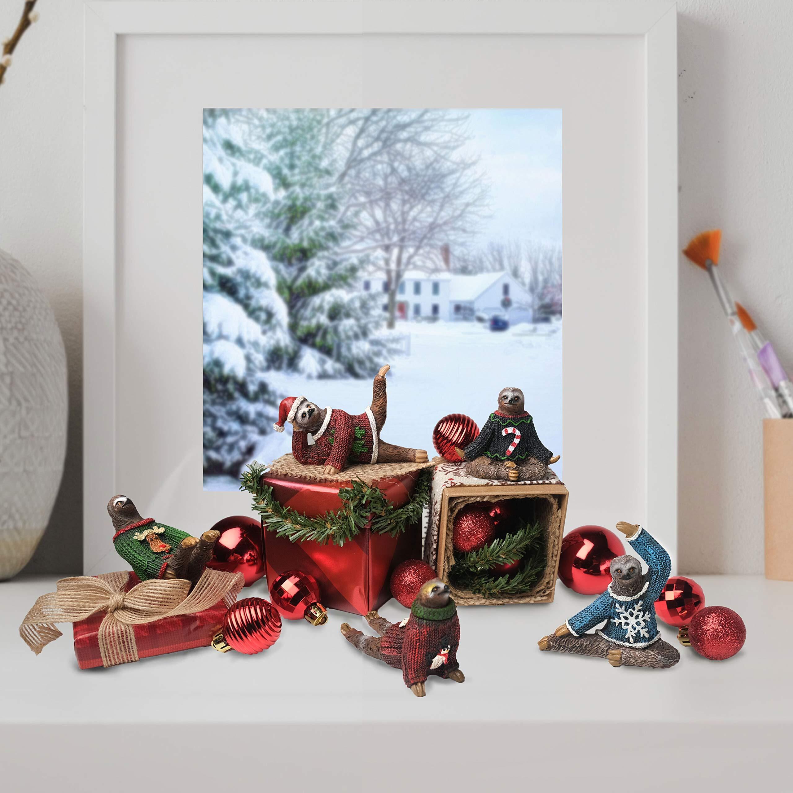 Bella Haus Design Yoga Sloth Figurines In Ugly Christmas Sweaters 3"" - Polyresin Mini Statue For X-Mas Home Decoration, Secret Santa White Elephant Gift Exchange