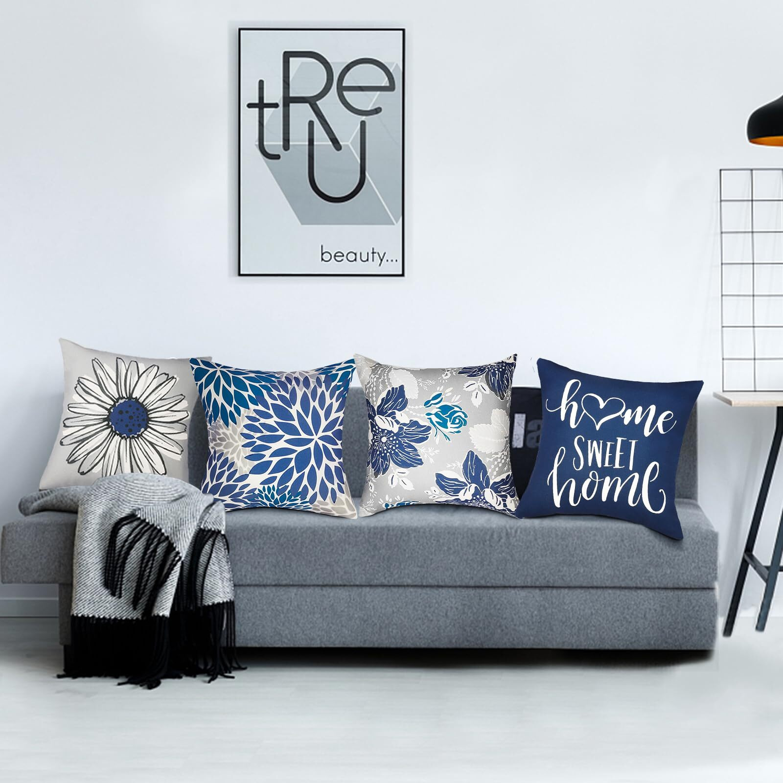 Rysmiyou Blue Pillow Covers 16X16 Inch Set Of 4 Decorative Throw Pillow Covers Couch Pillow Covers For Sofa Outdoor Throw Pillow Cover,Linen Square Pillow Case Farmhouse Room Modern Home Decor