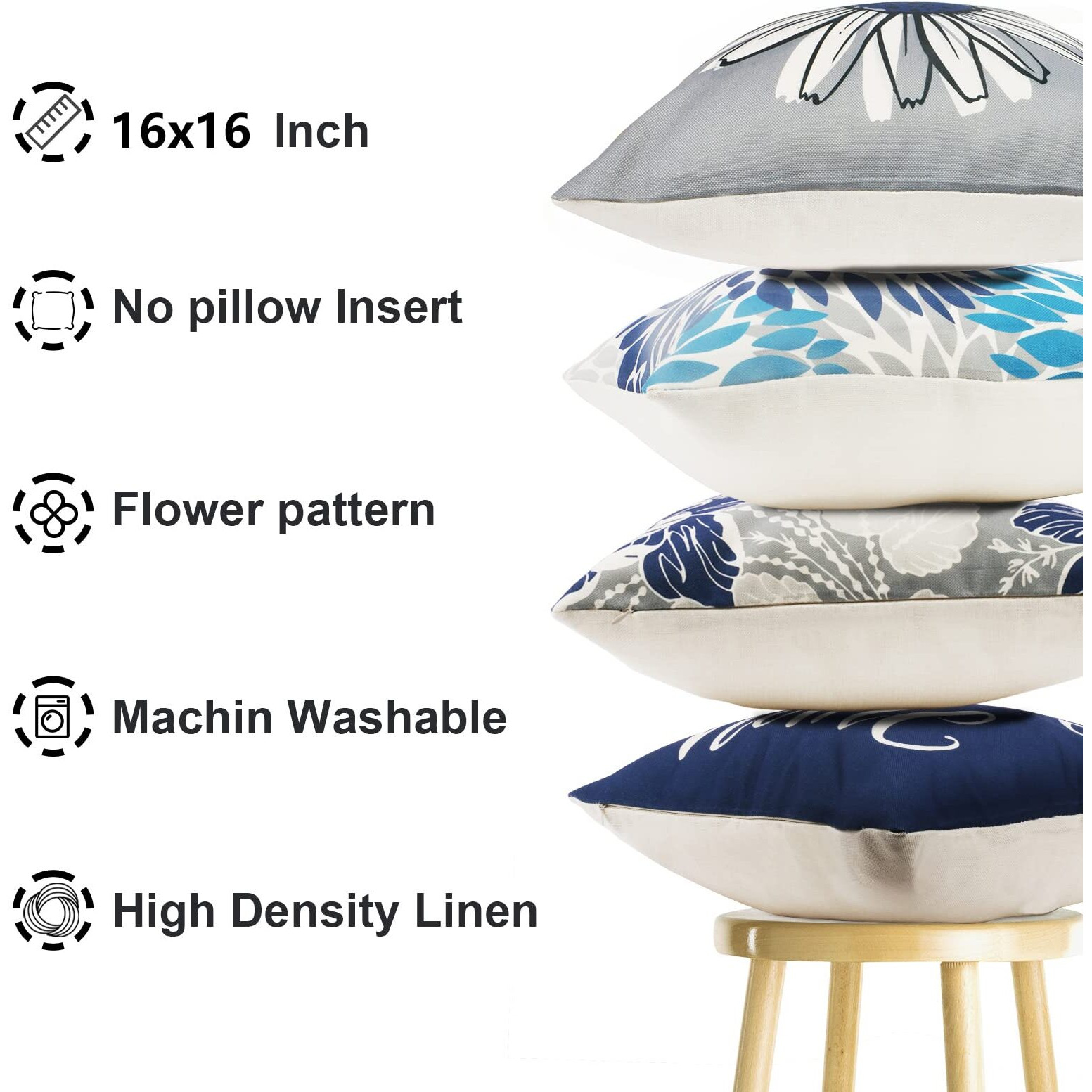Rysmiyou Blue Pillow Covers 16X16 Inch Set Of 4 Decorative Throw Pillow Covers Couch Pillow Covers For Sofa Outdoor Throw Pillow Cover,Linen Square Pillow Case Farmhouse Room Modern Home Decor