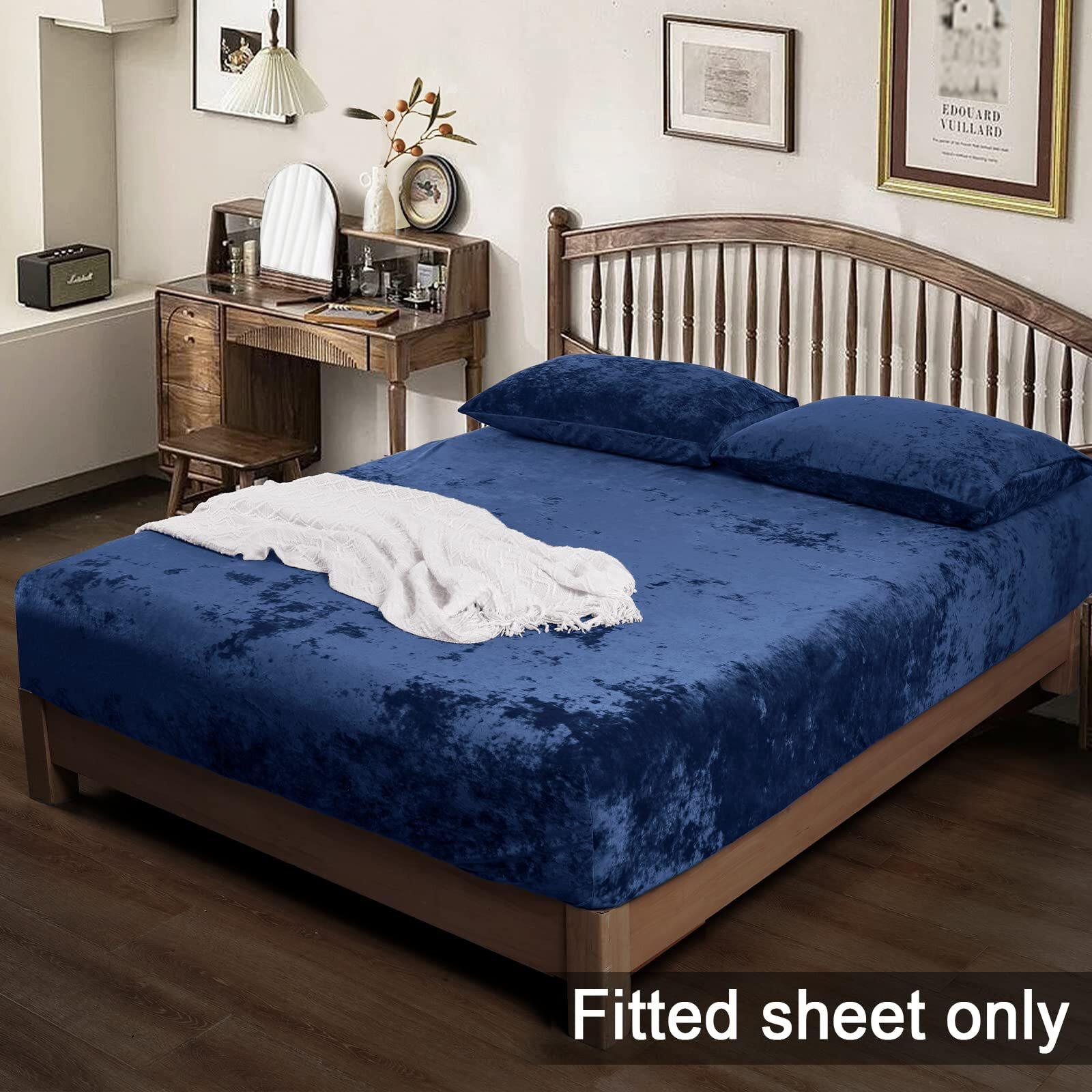 Phf Truly Velvet Fitted Sheet Full Size, 1 Pack Luxury Super Soft Cozy Comfy Fleece Bottom With 15"" Deep Pocket, Suitable For Fall Winter And Spring, No Pillowcases, Navy Blue