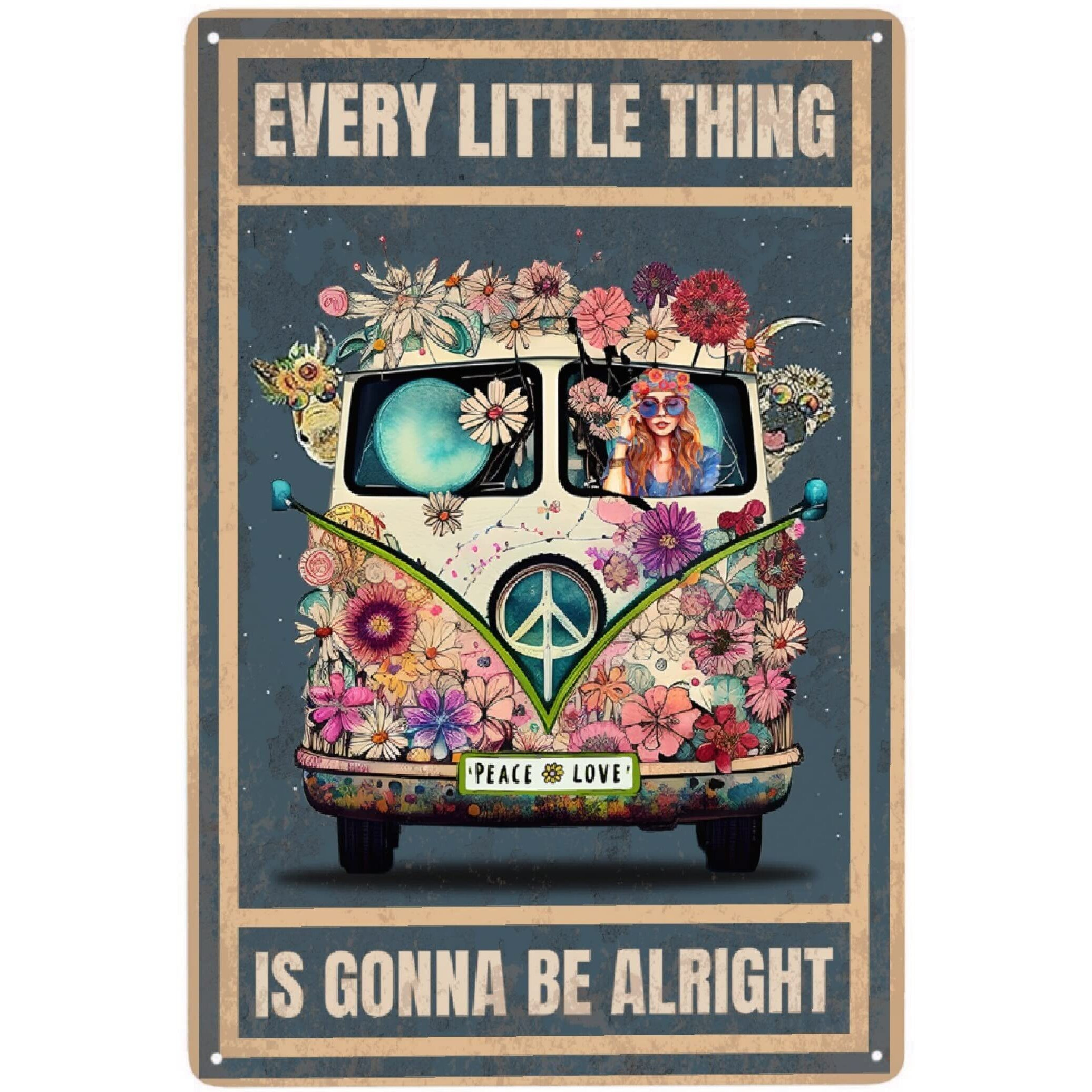 Jocasa Vintage Hippie Metal Poster Every Little Thing Is Gonna Be Alright Sign Room Decor-Retro Hippie Wall Decor Aluminum Metal Tin Sign For Home Office Bedroom Wall Decor, Signs Gift,12''X 8''