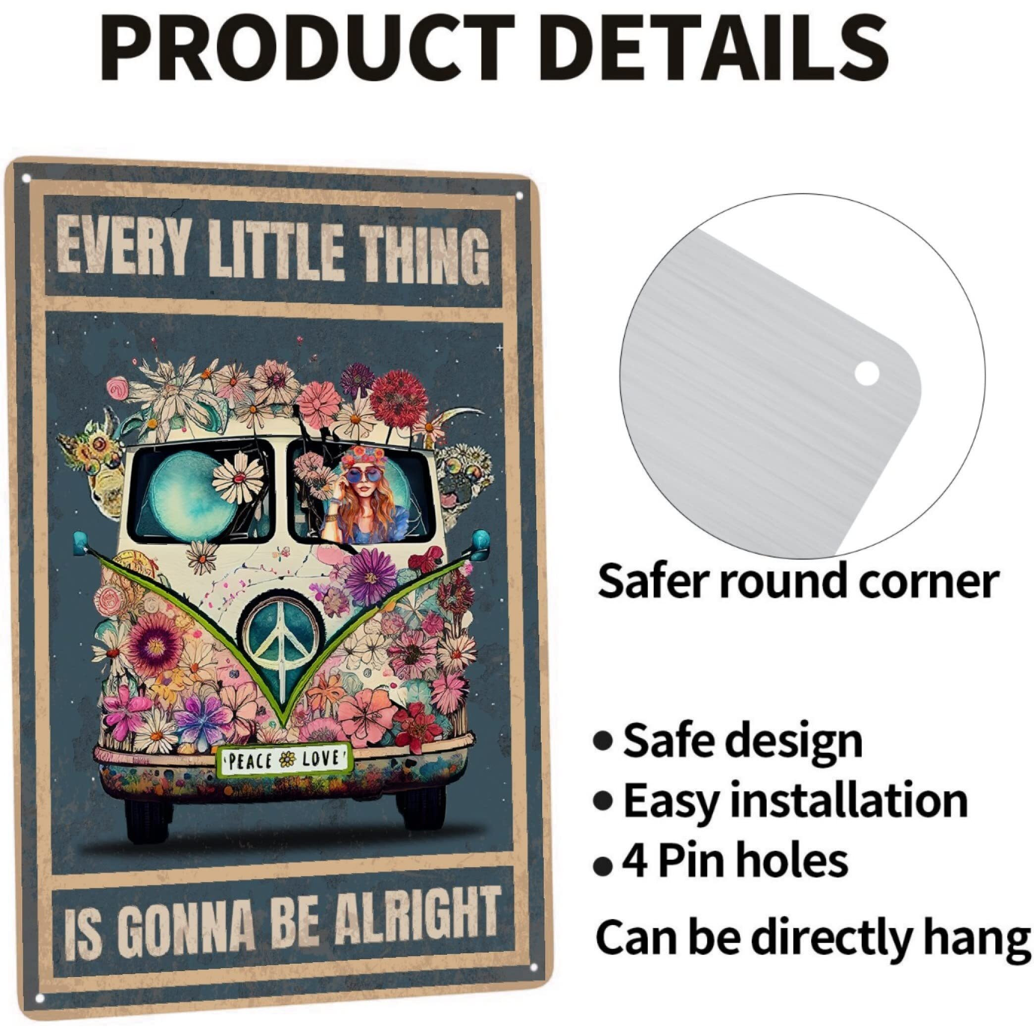 Jocasa Vintage Hippie Metal Poster Every Little Thing Is Gonna Be Alright Sign Room Decor-Retro Hippie Wall Decor Aluminum Metal Tin Sign For Home Office Bedroom Wall Decor, Signs Gift,12''X 8''