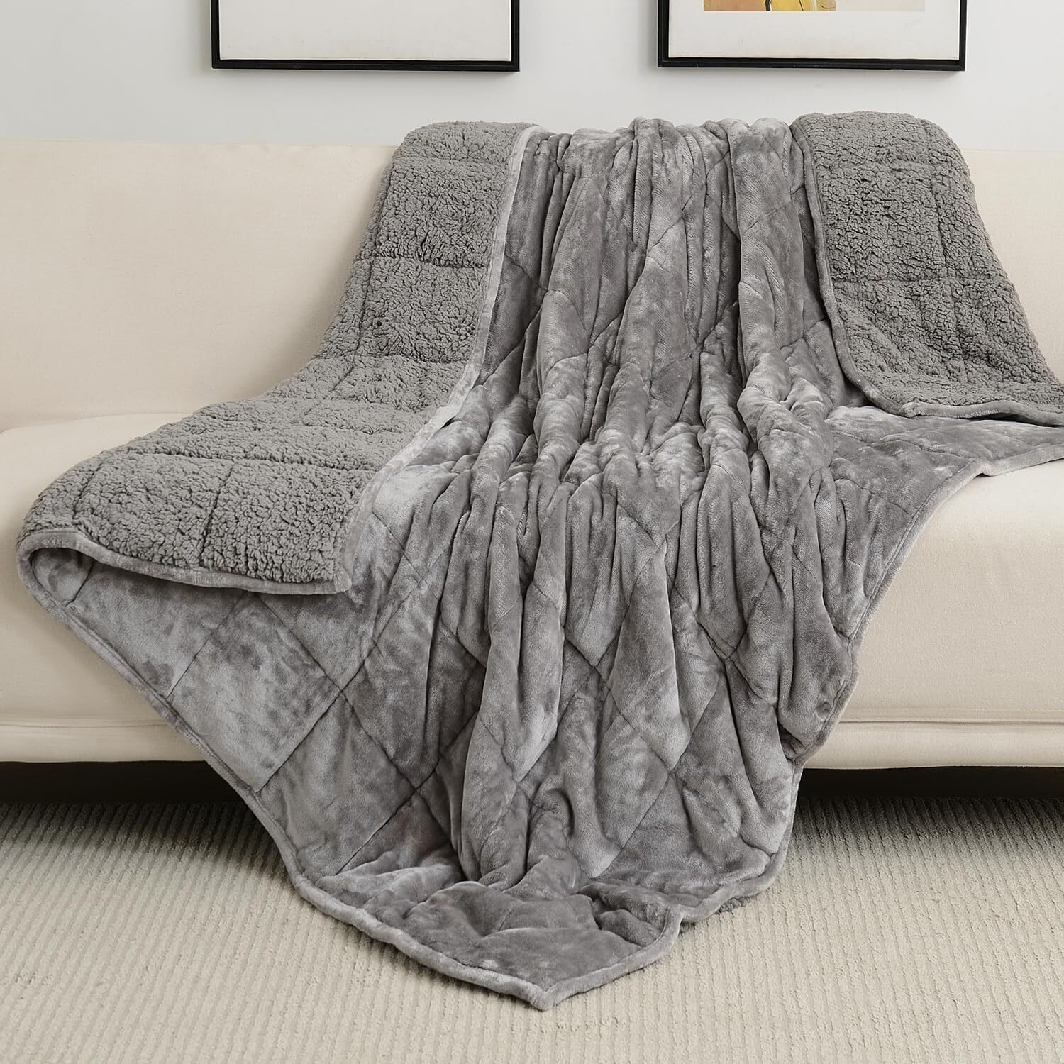 Wemore Sherpa Fleece Weighted Blanket For Adult, 15 Lbs Dual Sided Cozy Fluffy Heavy Blanket, Ultra Fuzzy Throw Blanket With Soft Plush Flannel Top, 60 X 80 Inches Grey On Both Sides