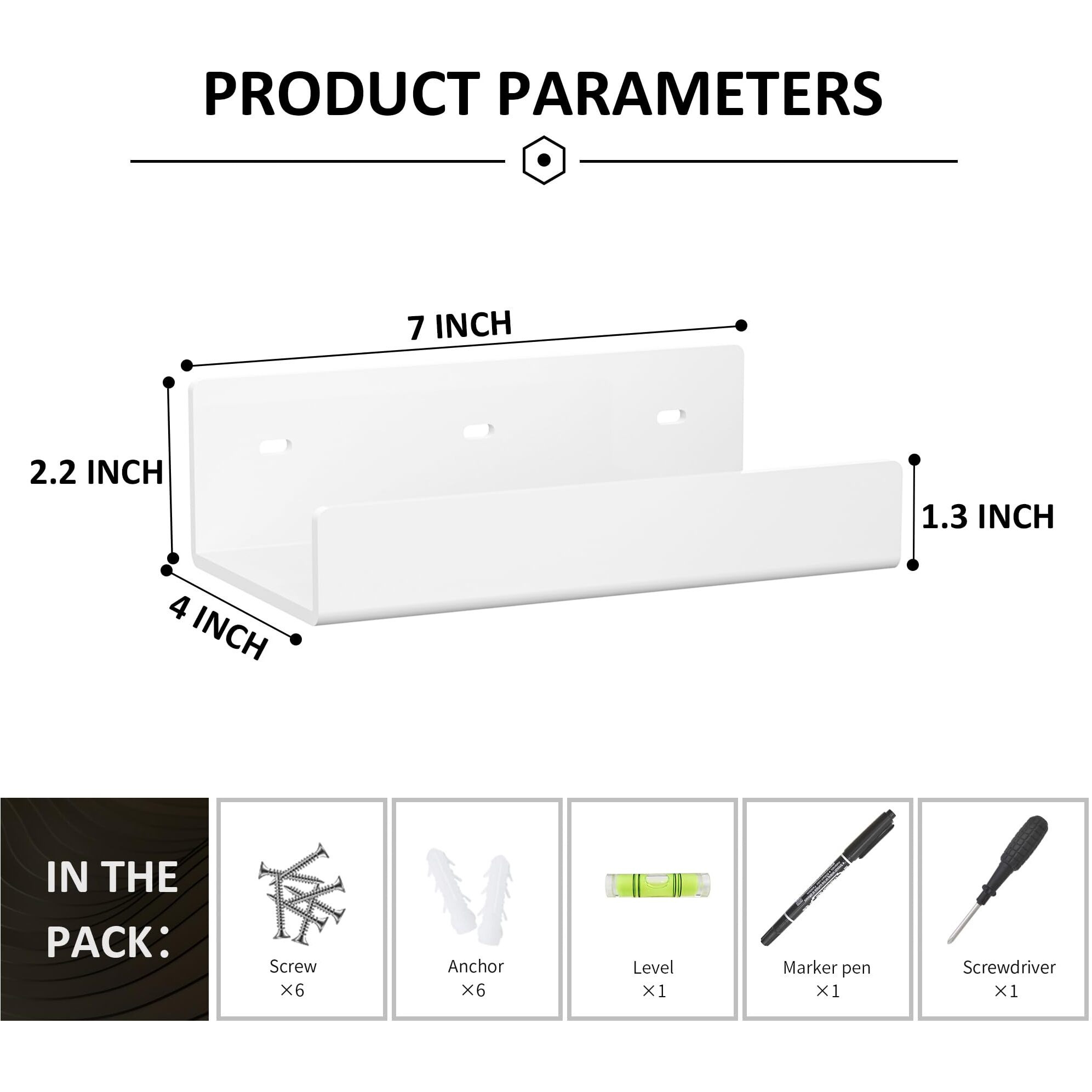 Hexsonhoma 7 Inches White Acrylic Wall Display Shelves 2 Pack, U Shape, Wall Shelves Organizer For Bottles, Small Plants, Picture Frames, Beer, Wine, D  Cor