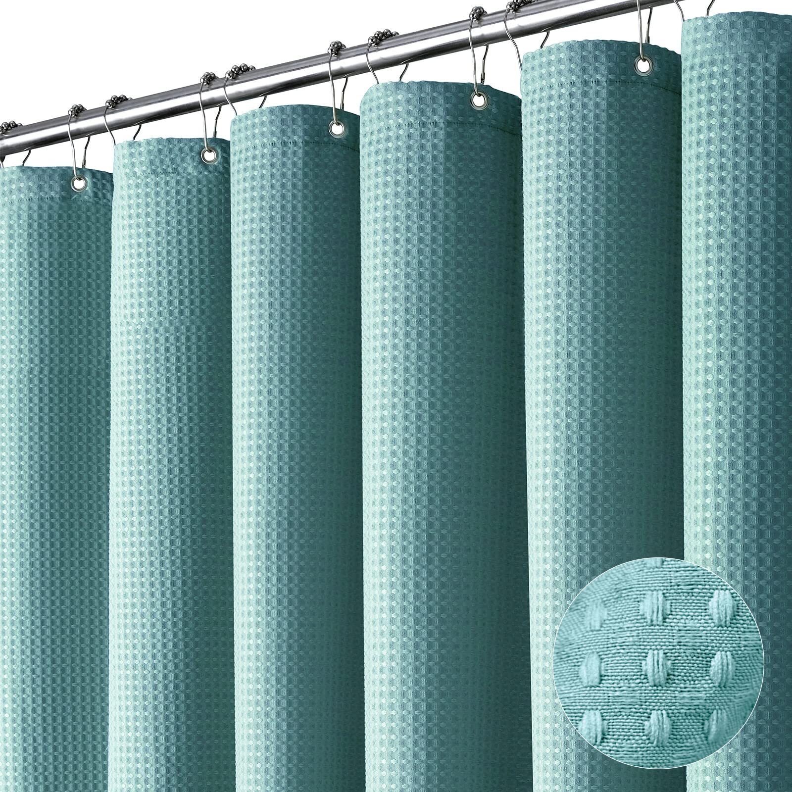 Dynamene Teal Fabric Shower Curtain For Bathroom - Waffle Weave Heavy Duty Cloth , 256Gsm Hotel Luxury Weighted Polyester Bath Curtain Set With 12 Plastic Hooks,72X72, Teal/Turquoise