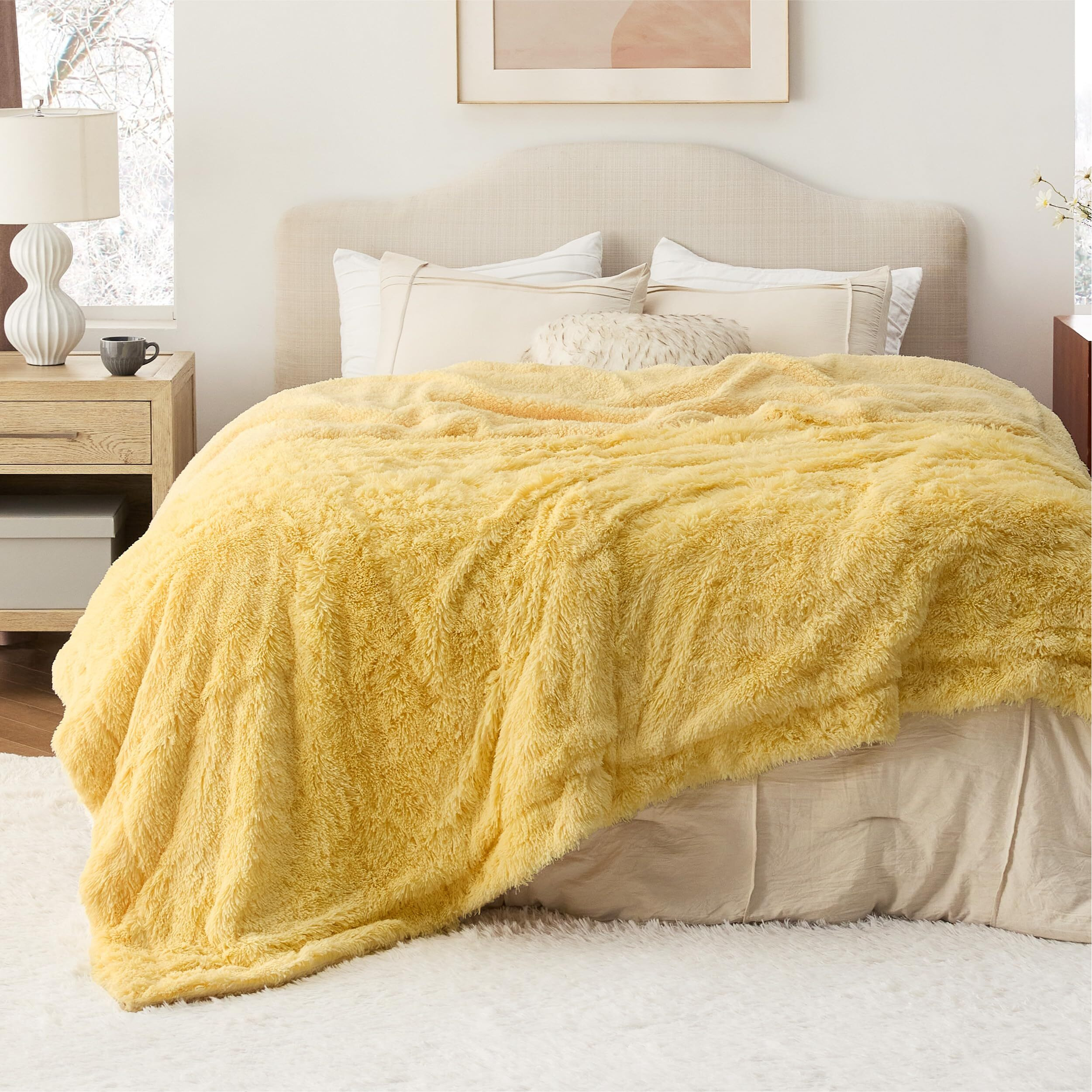 Bedsure Soft Fuzzy Faux Fur King Size Blanket Light Yellow - Cozy, Fluffy, Plush Sherpa Fleece Blanket, Furry, Shaggy Blanket For Couch, Bed, Sofa, Thick Warm Blankets For Women, 108X90 Inches
