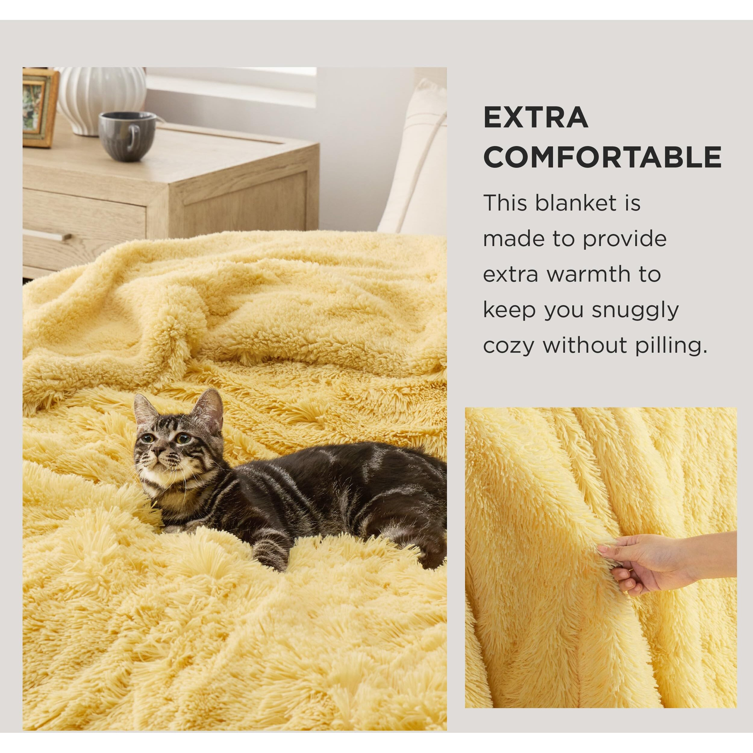Bedsure Soft Fuzzy Faux Fur King Size Blanket Light Yellow - Cozy, Fluffy, Plush Sherpa Fleece Blanket, Furry, Shaggy Blanket For Couch, Bed, Sofa, Thick Warm Blankets For Women, 108X90 Inches