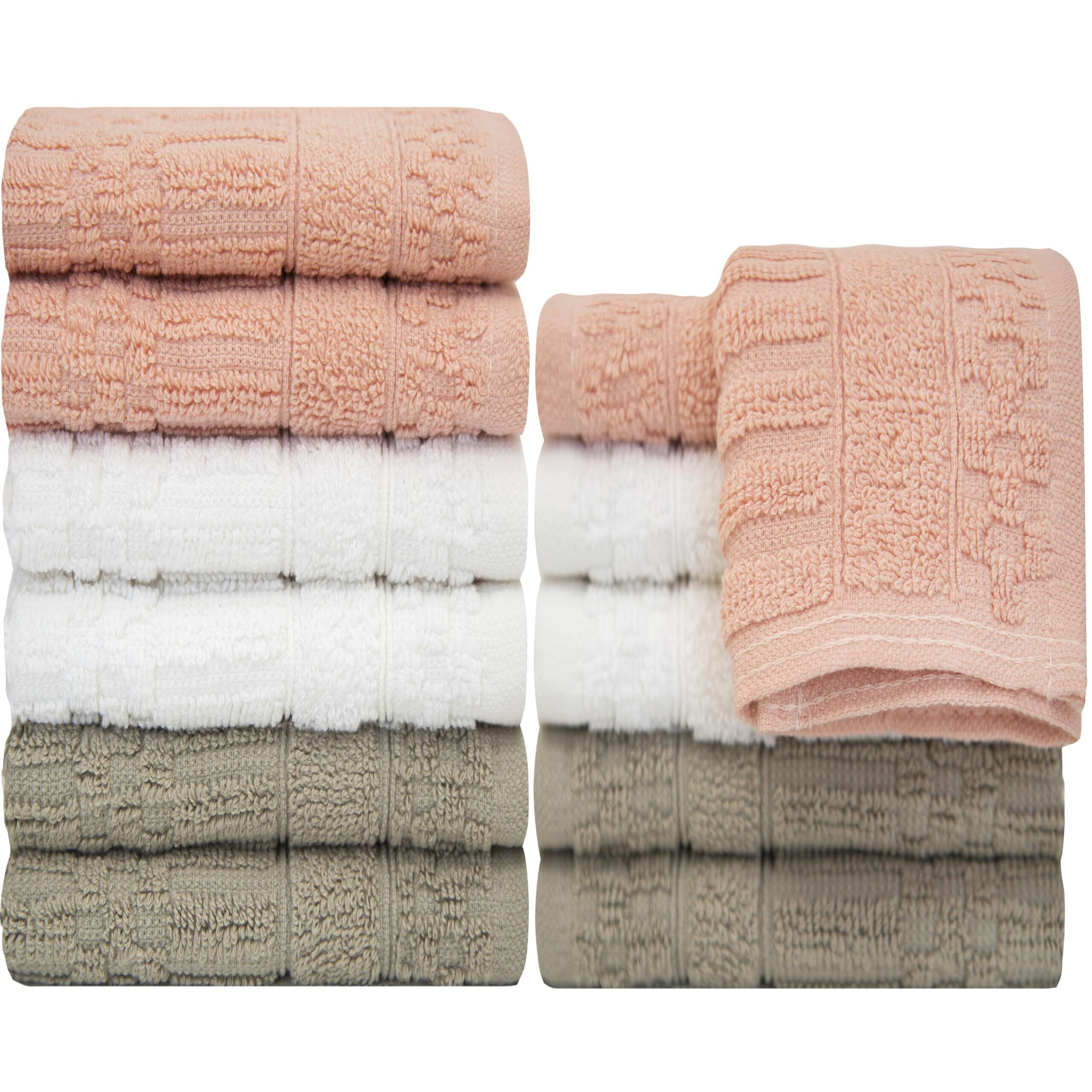 Ph Pleasant Home Diamond Wash Cloths Set - 12 Pack (12    X 12   ) - 509 Gsm - 100% Ring Spun Cotton Wash Cloth - Super Soft And Highly Absorbent Face Towels (Blush, White & Tan)