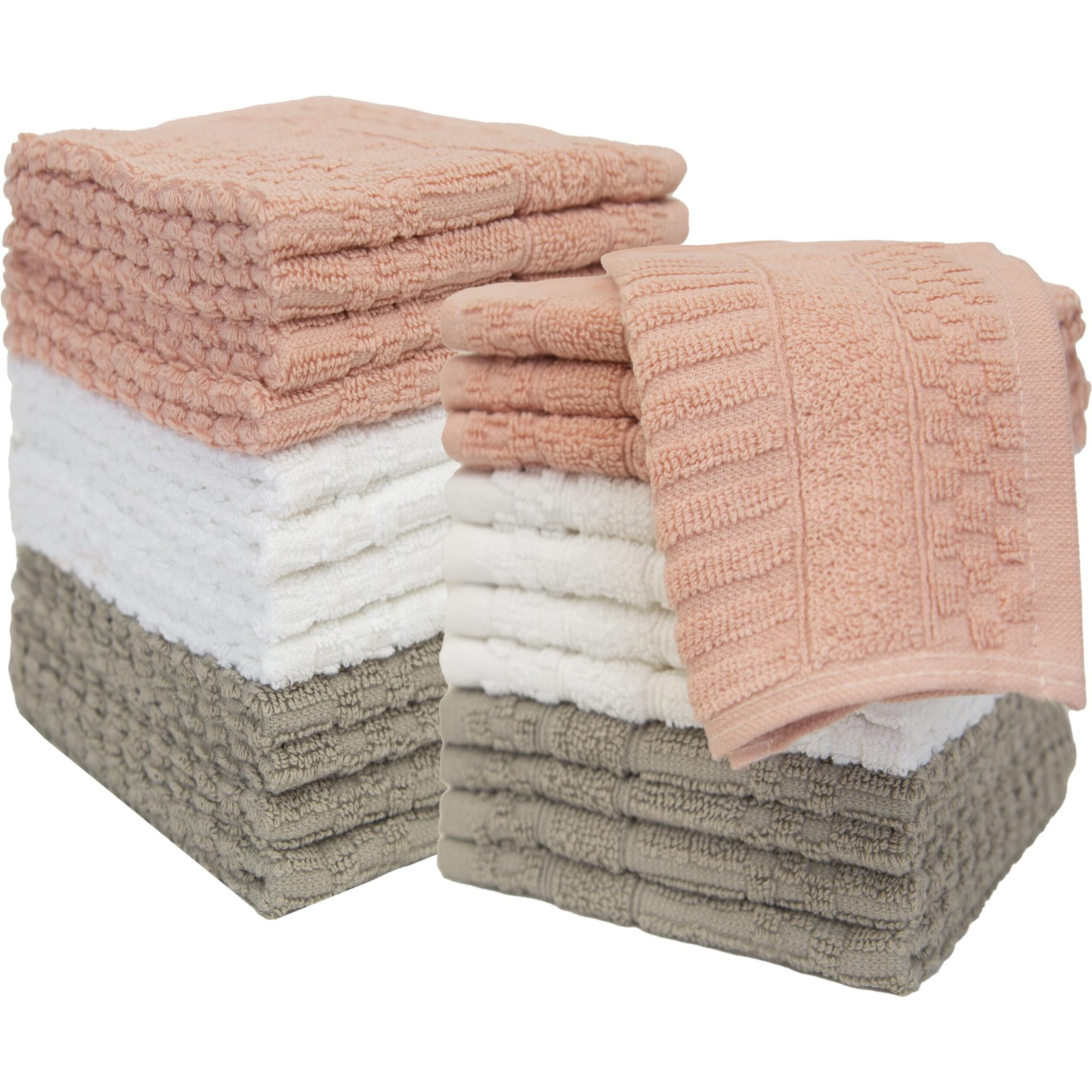 Ph Pleasant Home Diamond Wash Cloths Set - 12 Pack (12    X 12   ) - 509 Gsm - 100% Ring Spun Cotton Wash Cloth - Super Soft And Highly Absorbent Face Towels (Blush, White & Tan)