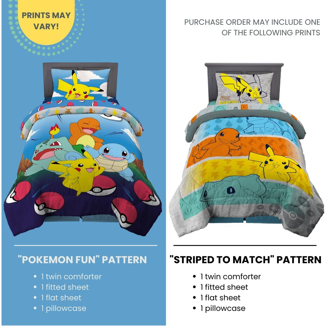Franco Kids Bedding Super Soft Comforter And Sheet Set, 4 Piece Twin Size, Pokemon (Prints May Vary)