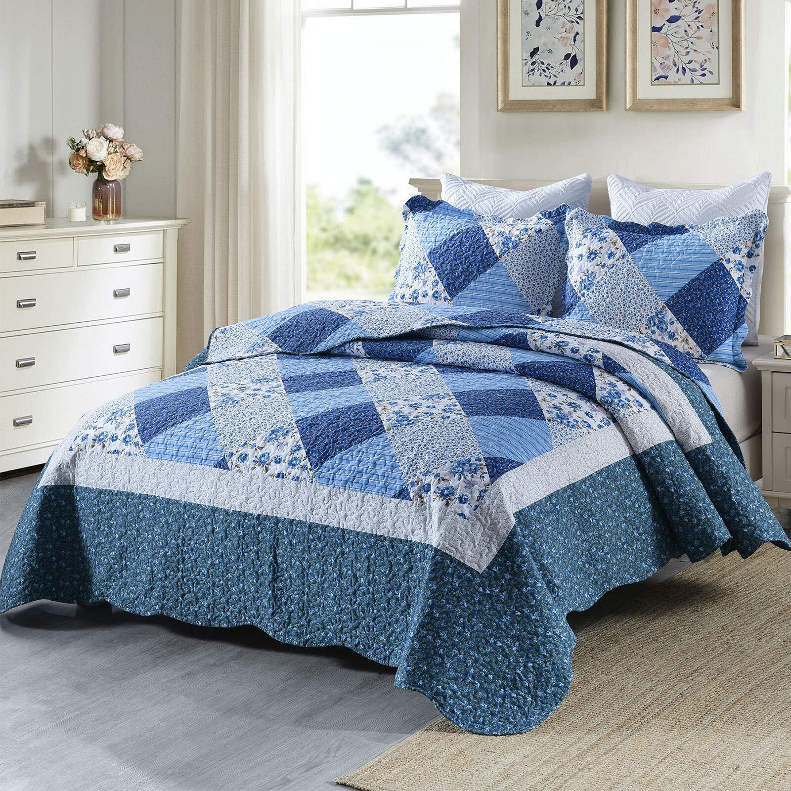 Honeilife California King Quilt 120X120-3 Pcs Oversized King Bedspreads, Extra Large Quilt Sets All Season Use,Rustic Bedding Sets King Size,Reversible Coverlet Microfiber Bed Quilts, Blue