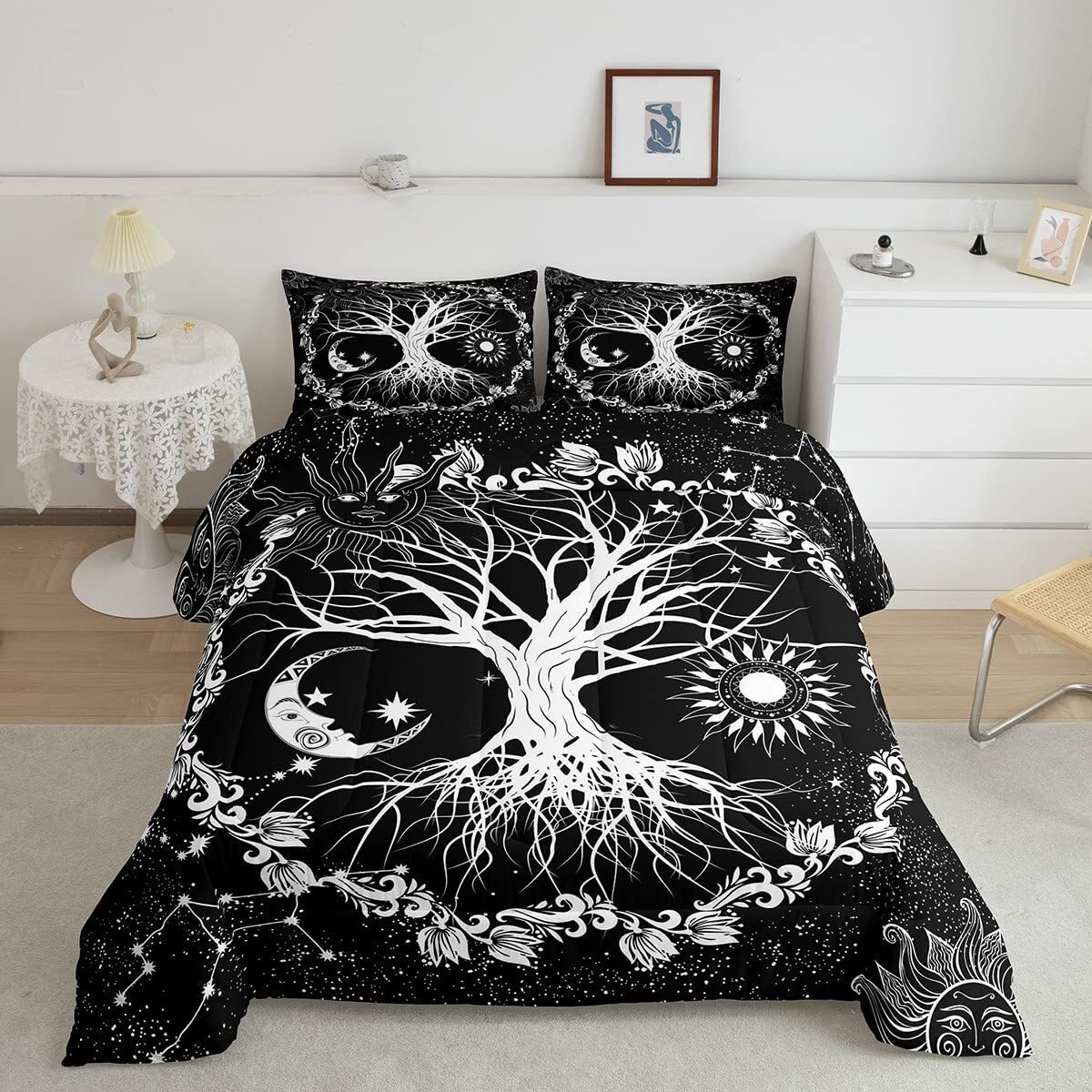 Tree Of Life Boys Comforter Set Full Size Sun And Moon Bedding Set Kids Teens Bedroom Decor Black And White Constellations Comforter Set Floral Botanical Quilt Set With 2 Pillowcases